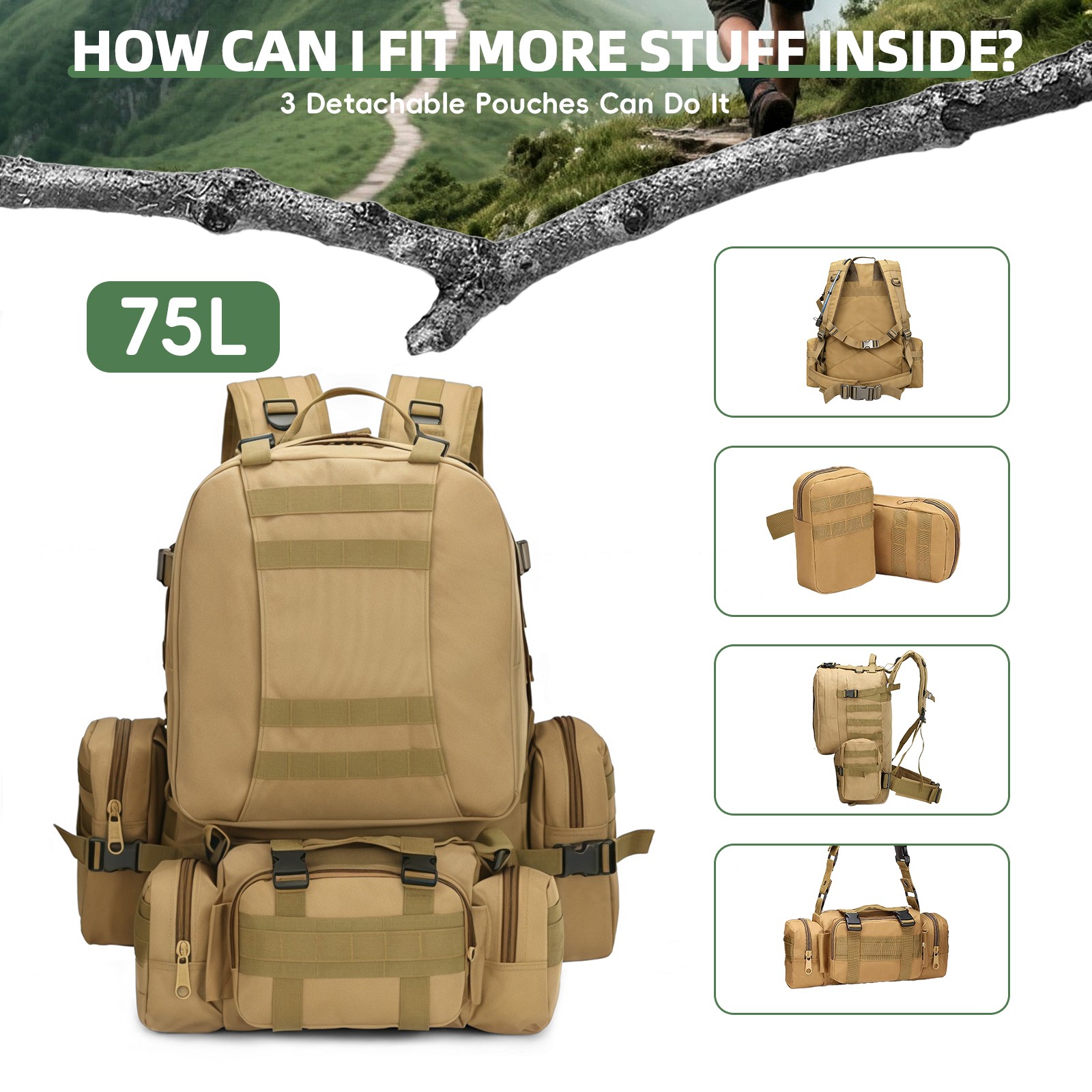 75L Large Military Tactical Backpack for Men Camping Hiking Waterproof Backpack