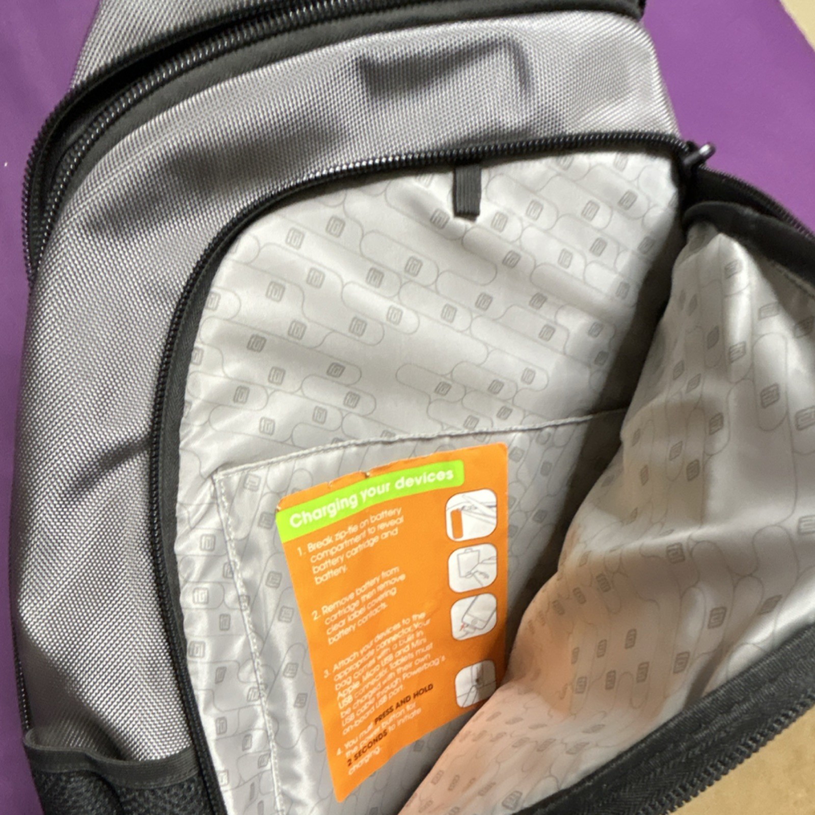 Powerbag Gray Sling Backpack Crossbody w/ Powerbank, Zip Pockets Travel