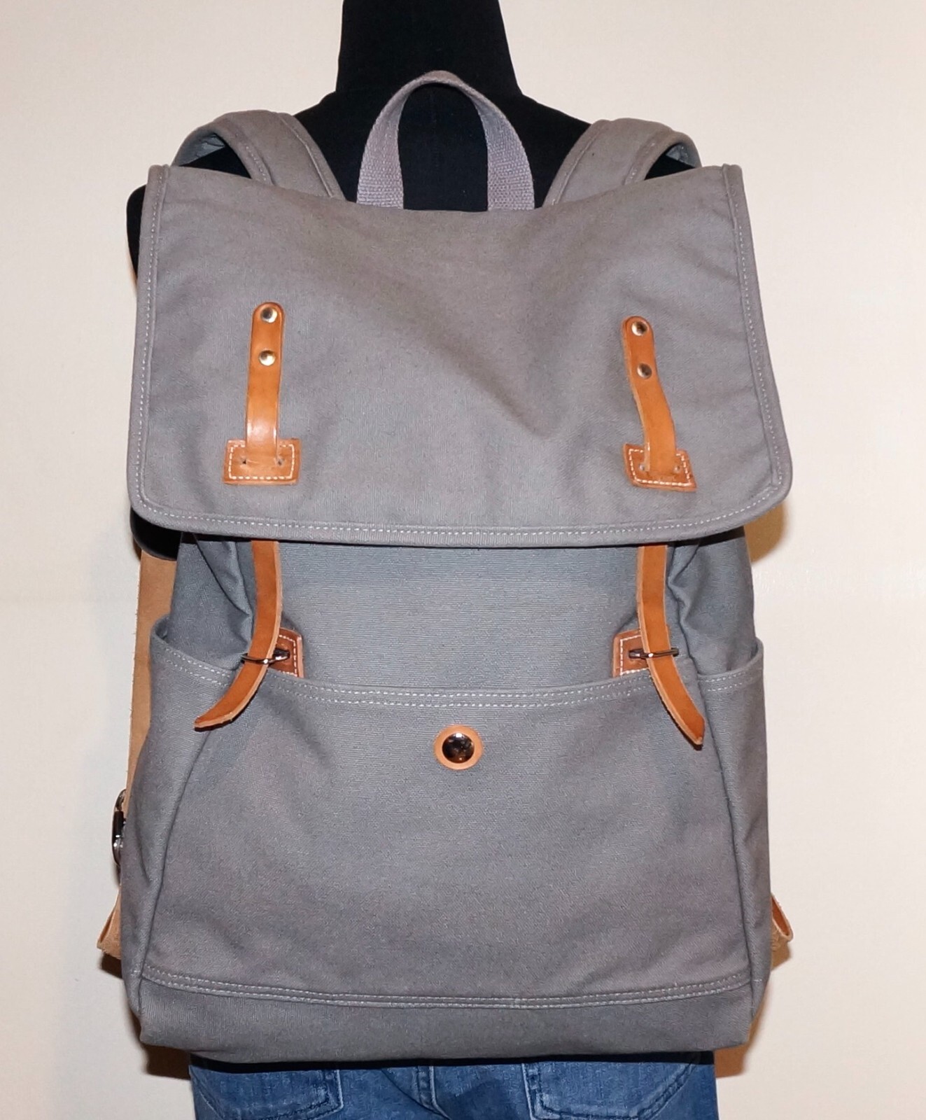 MAKR Large Gray Canvas & Tan Leather Backpack 18×12 USA