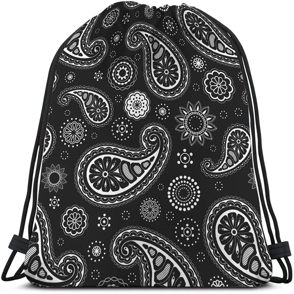 Paisley Pattern Drawstring Bag Black White Floral Ethnic Art Sport Gym Sack