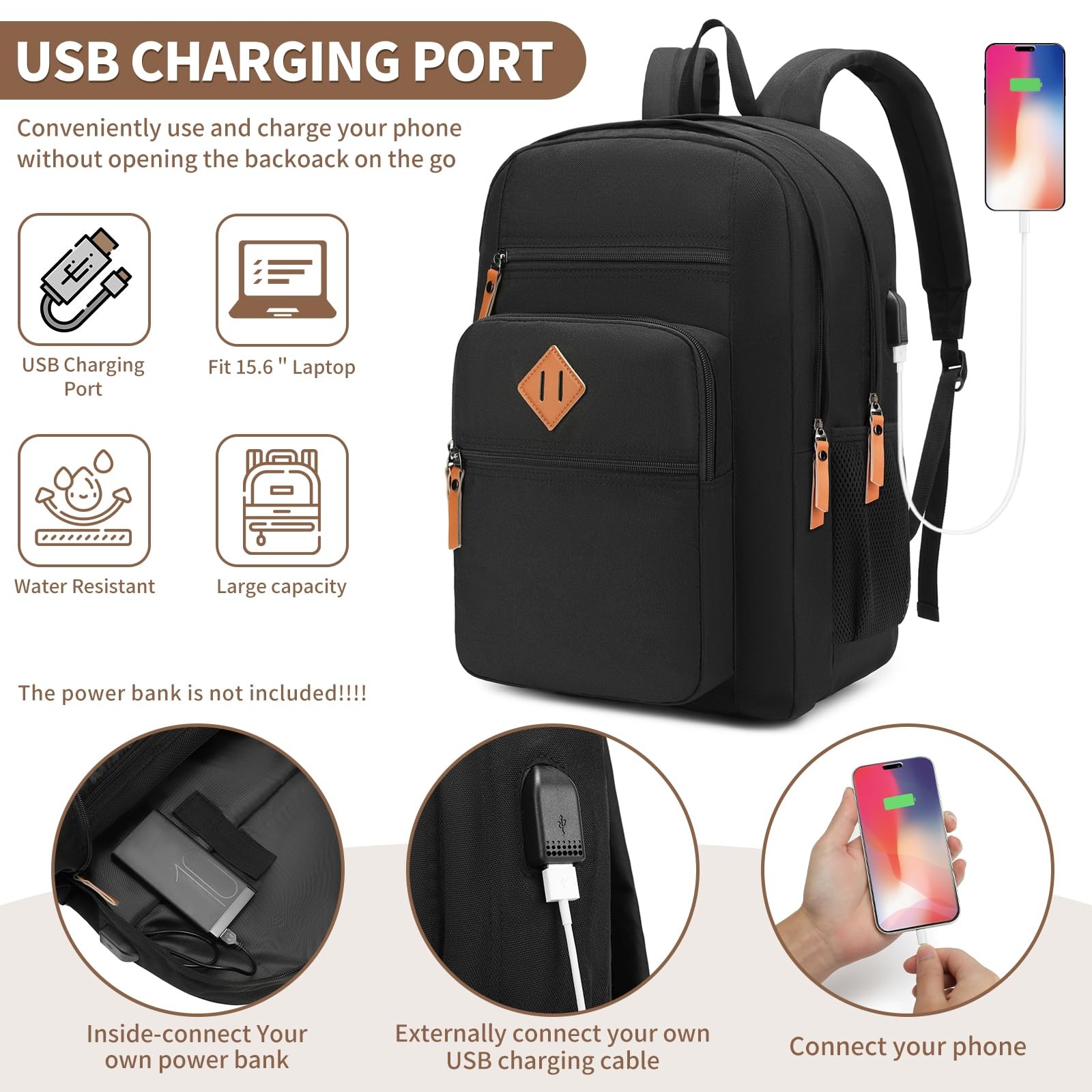 Black Laptop Backpack For Work College Travel Fits 15.6 In Computer Bag
