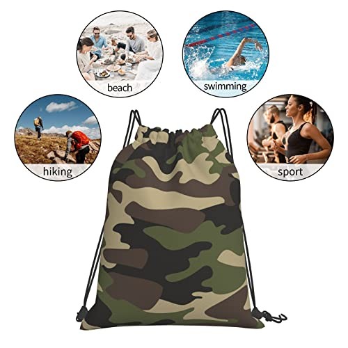 Green Brown Camo Unisex Drawstring Backpack Bag Sport Gym Dance Travel White 6