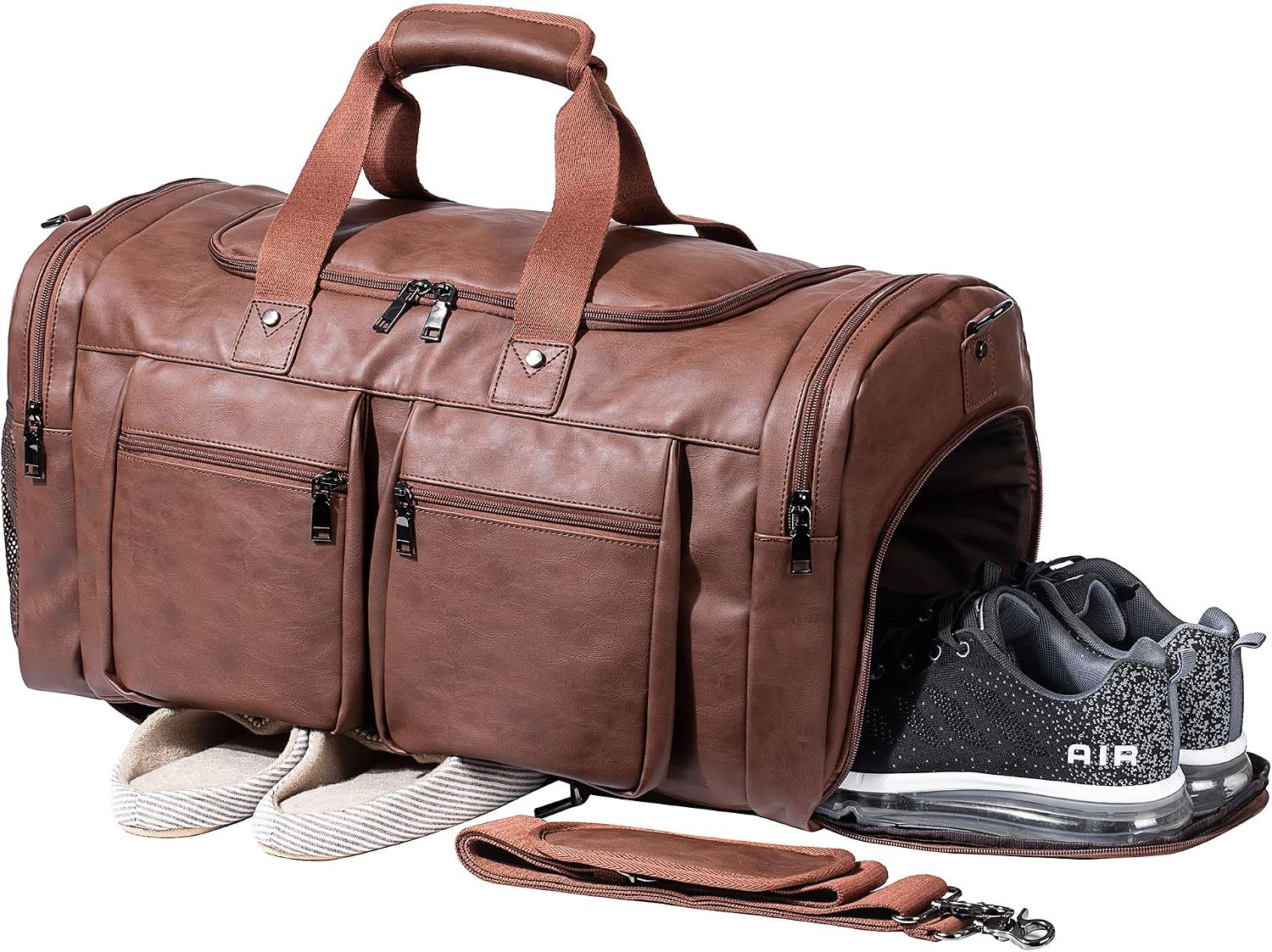 Waterproof Leather Weekender Duffle Bag with Shoe Pouch for Travel – Brown