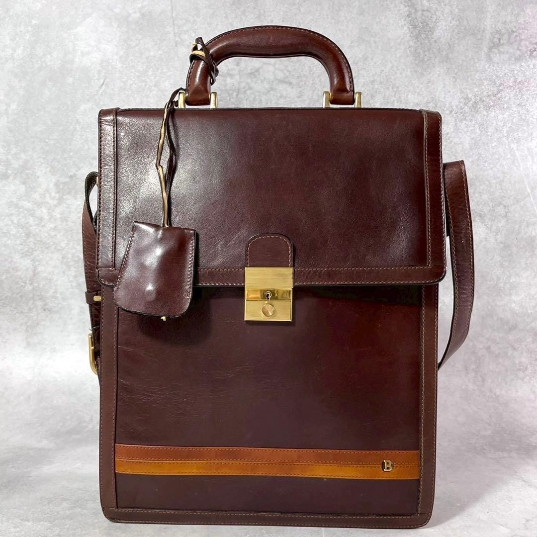 Bally Leather 2 Way Briefcase Mahogany Brown Shoulder Strap Push Lock Authentic