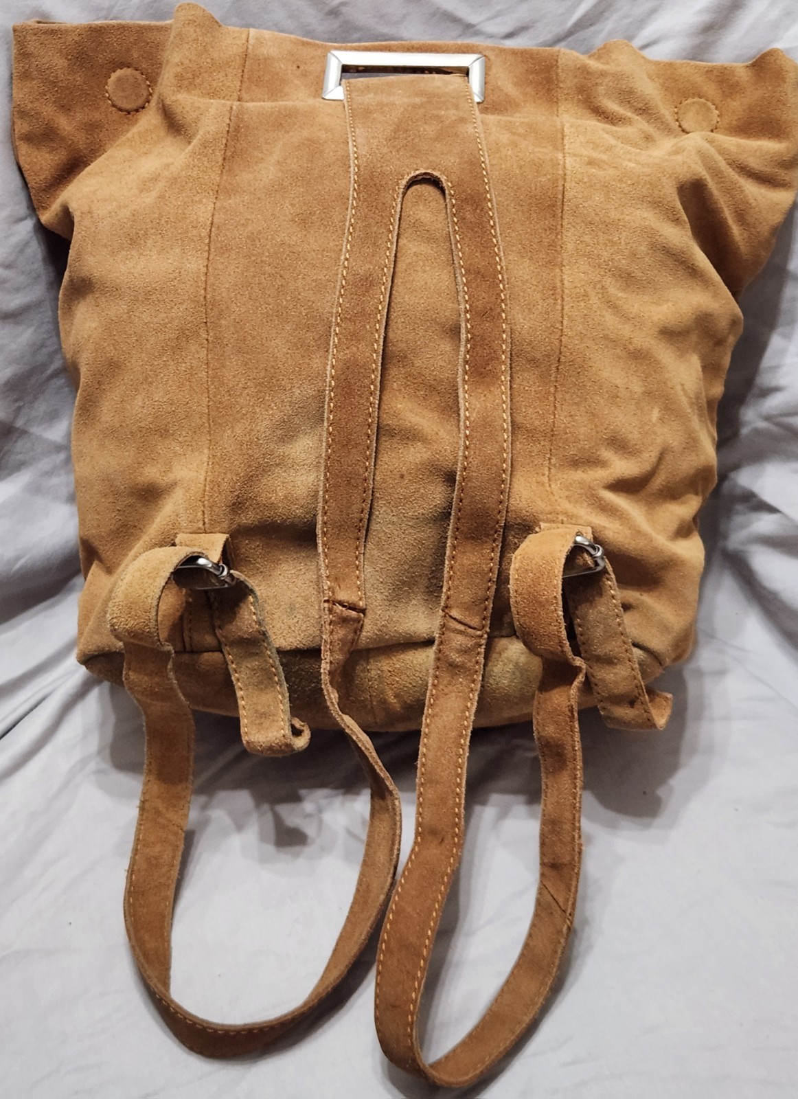 Zara Trafaluc Tan Suede Leather Backpack Rucksack Bag Cotton Linen Lined Boho