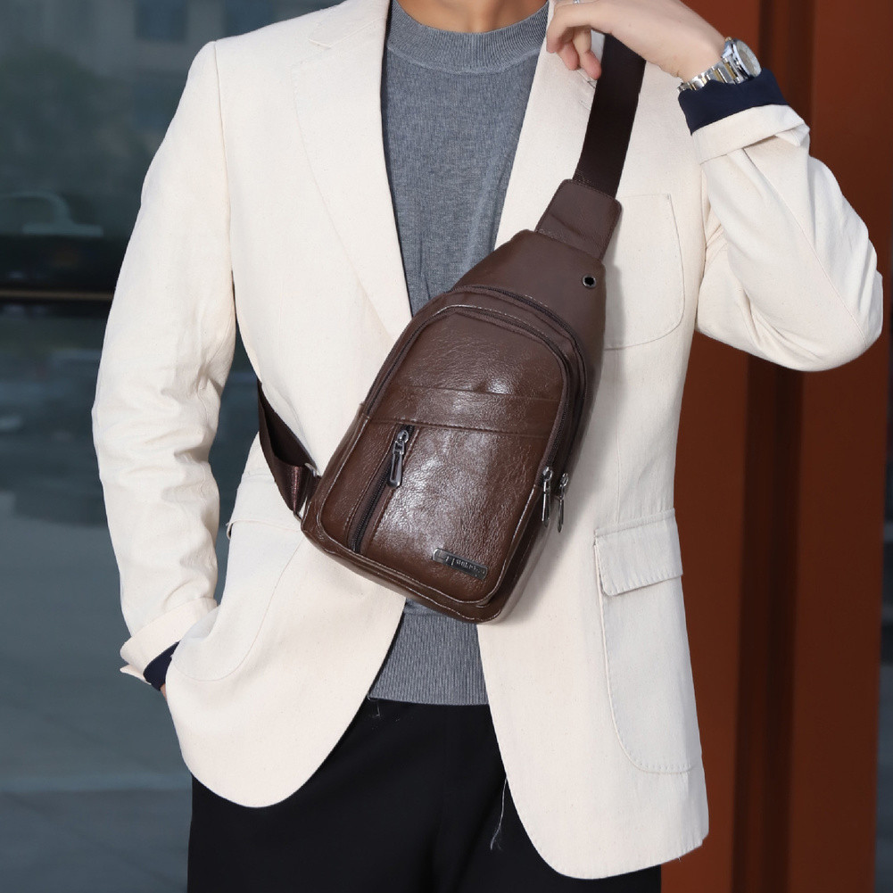 Mens PU Leather Chest Bag Shoulder Pack Earphone Hole Sport Crossbody Handbag US
