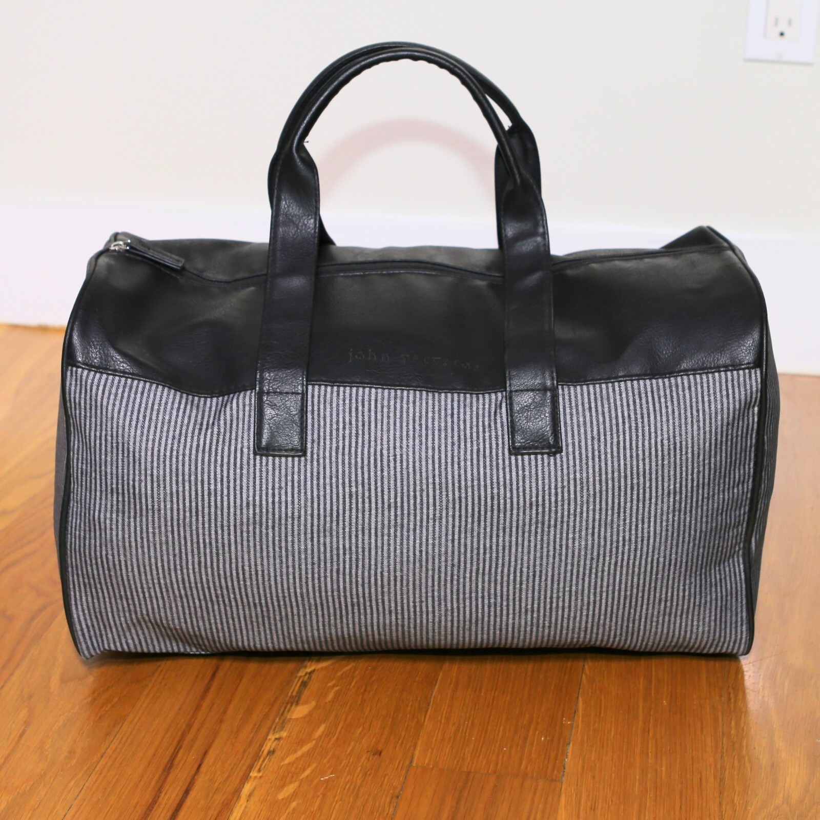 John Varvatos Duffle Bag Travel Carry On Hand Bag Gray Striped Vegan Leather 🔥