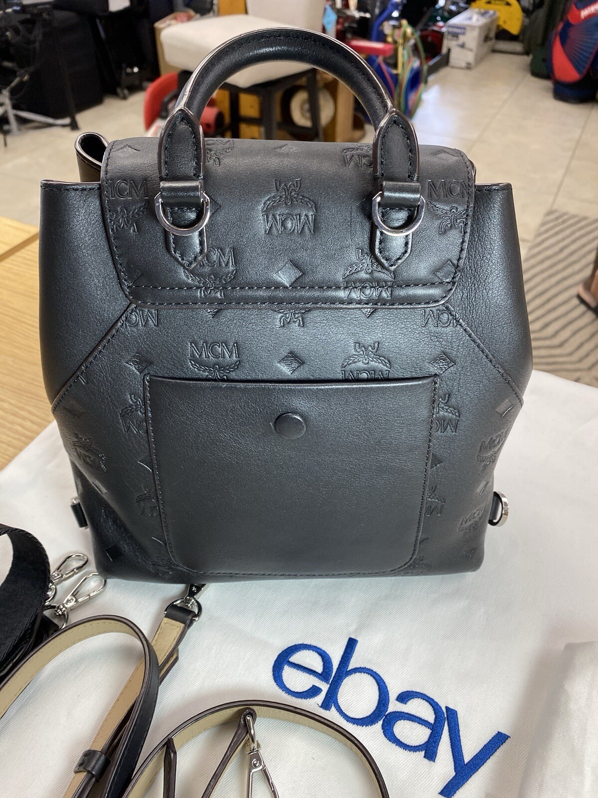 MCM Essential Monogram Leather Small Backpack In Charcoal 10×8.5×4.5 Dark Brown
