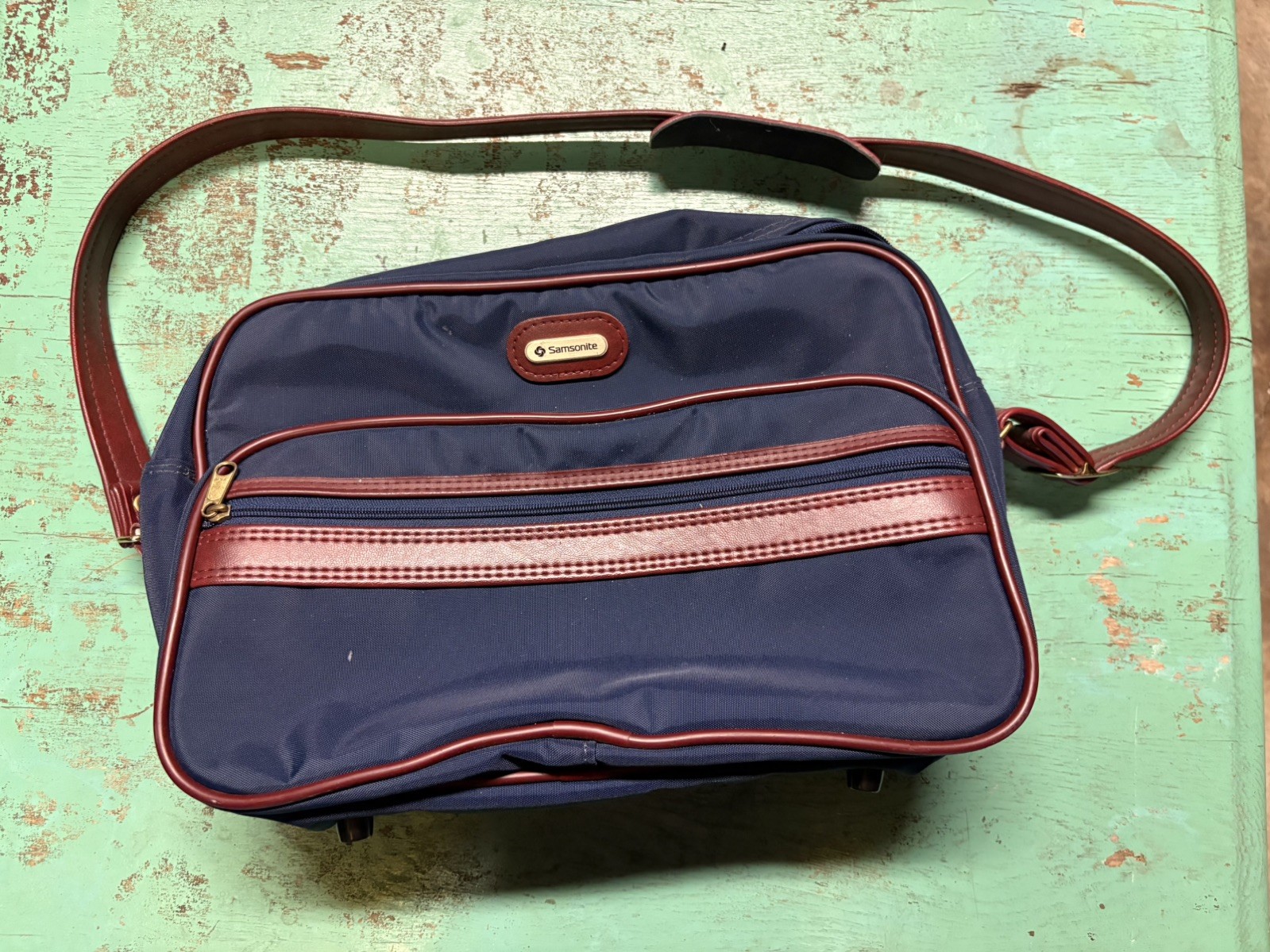 Vintage Samsonite Navy Blue & Brown Travel Shoulder Bag Messenger Bag Carry On