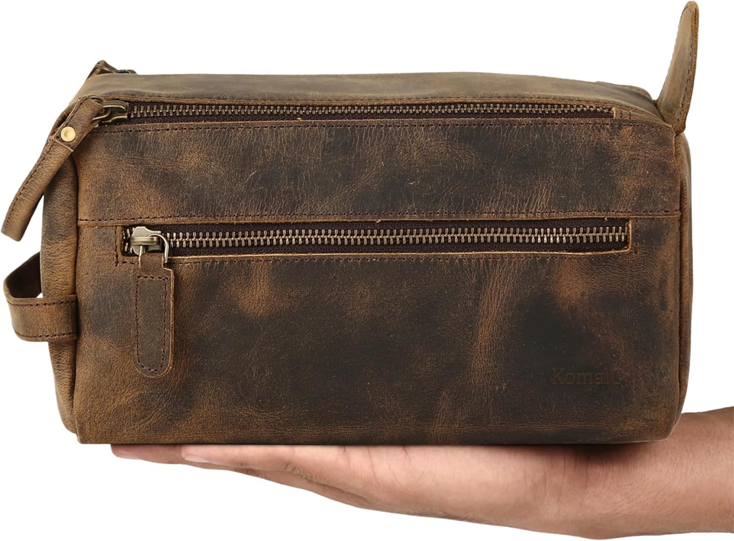 Komalc Premium Buffalo Leather Toiletry Bag for Men & Women with Water Resistant