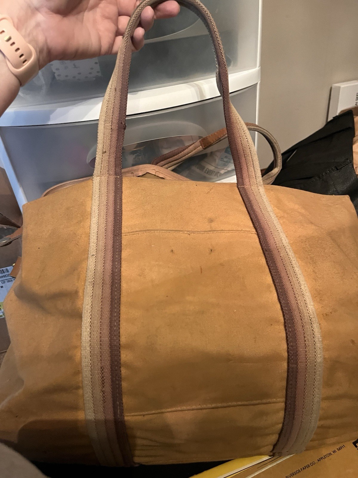 Vintage 1970’s Distressed Tan Canvas Duffle Bag Leather Straps Used With Holes