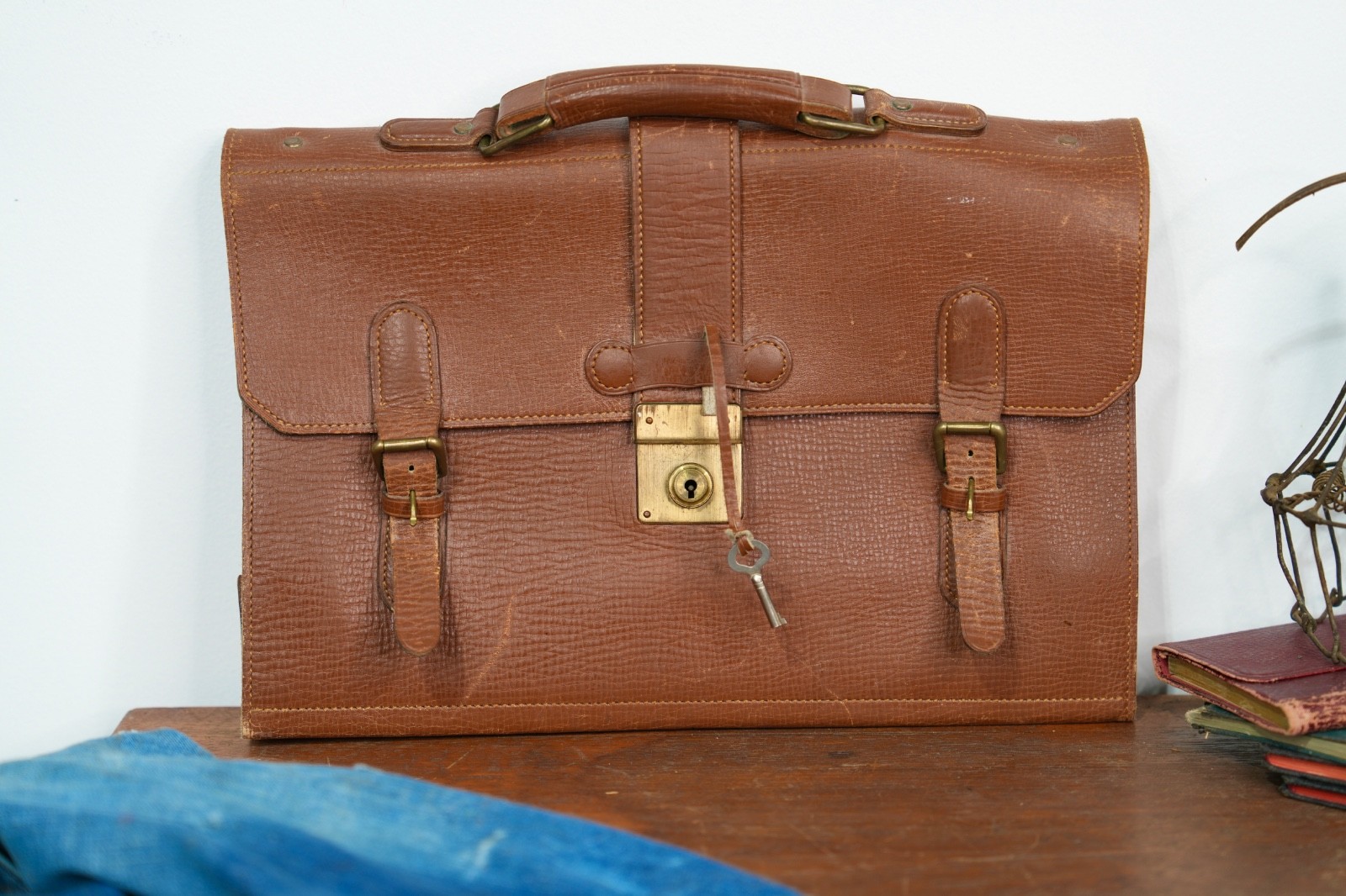 VTG Brown Leather Attache Briefcase Portfolio Document Bag w/ key 1940s Japan
