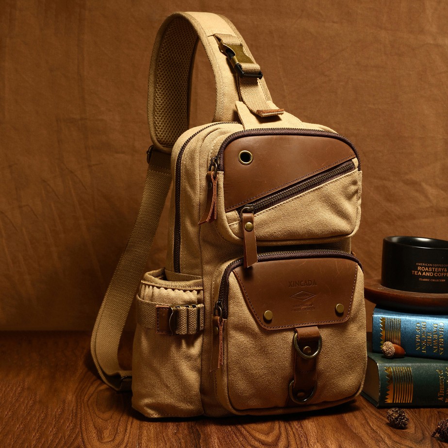 Vintage Canvas Genuine Leather Chest Sling Bag Crossbody Shoulder Backpack