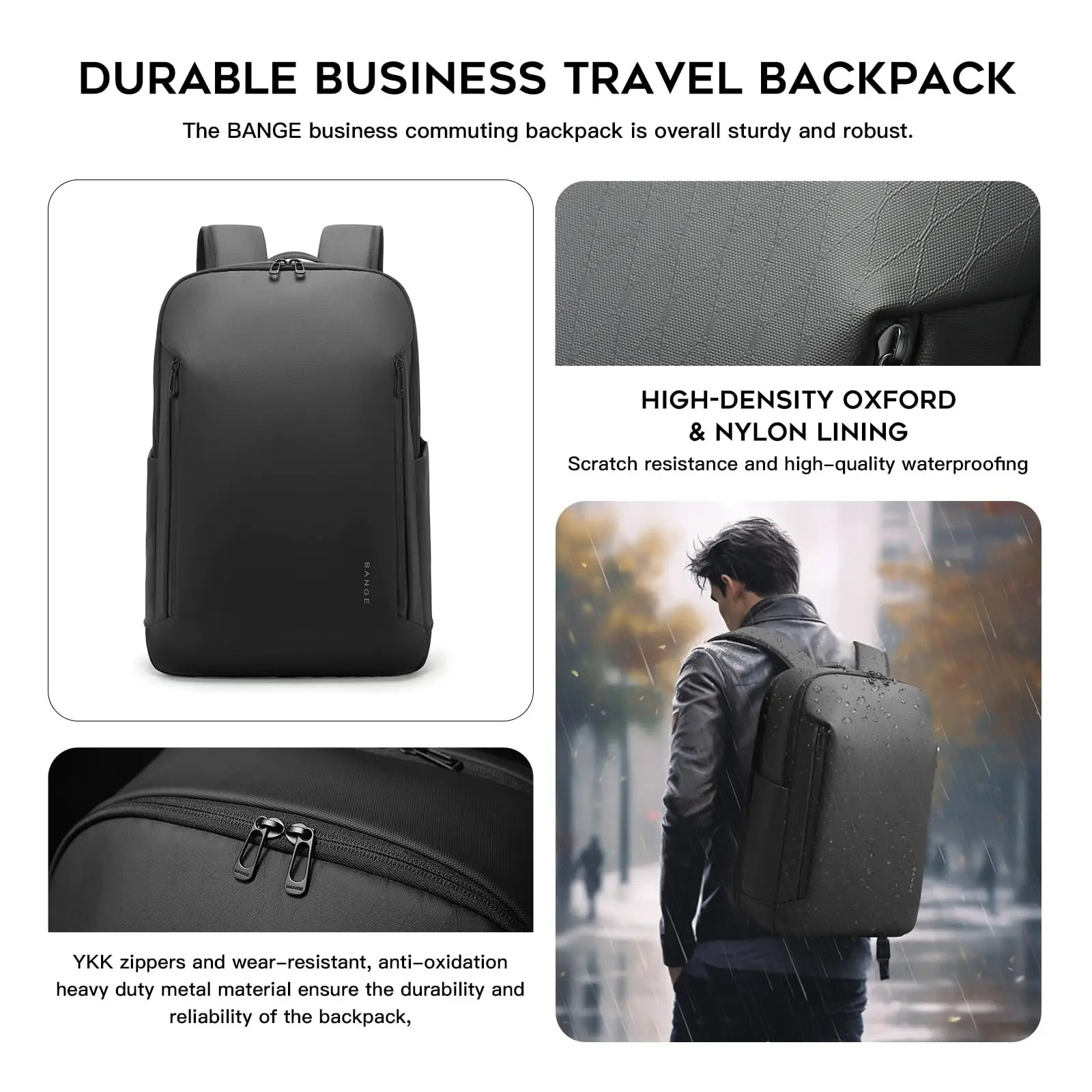 BANGE Men’s Laptop Backpack 15.6″ Waterproof Business Travel Bag YKK Zippers