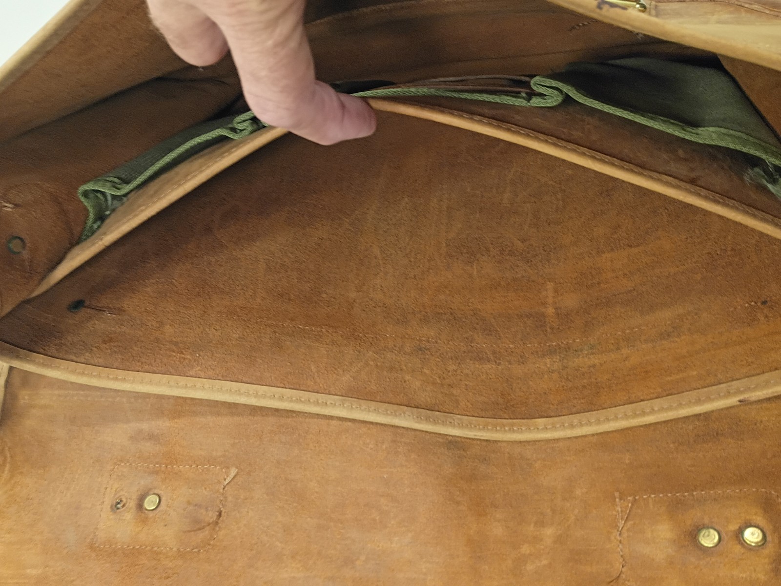 Gokey Co. Tan Heavy Saddle Leather Briefcase Green Canvas Brass Messenger Bag