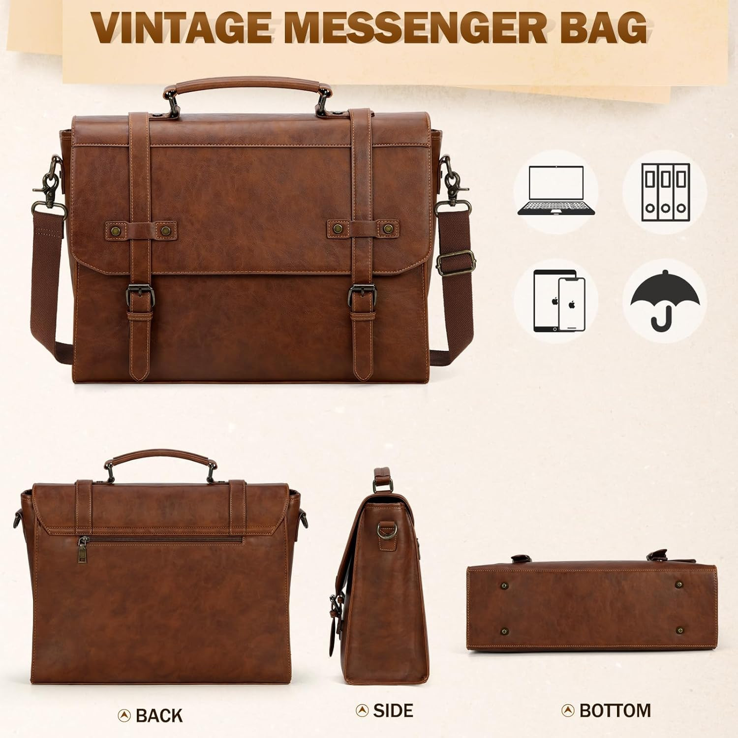 Mens Messenger Bag 17 Inch Waterproof Vintage Leather Laptop Briefcase Large Lap