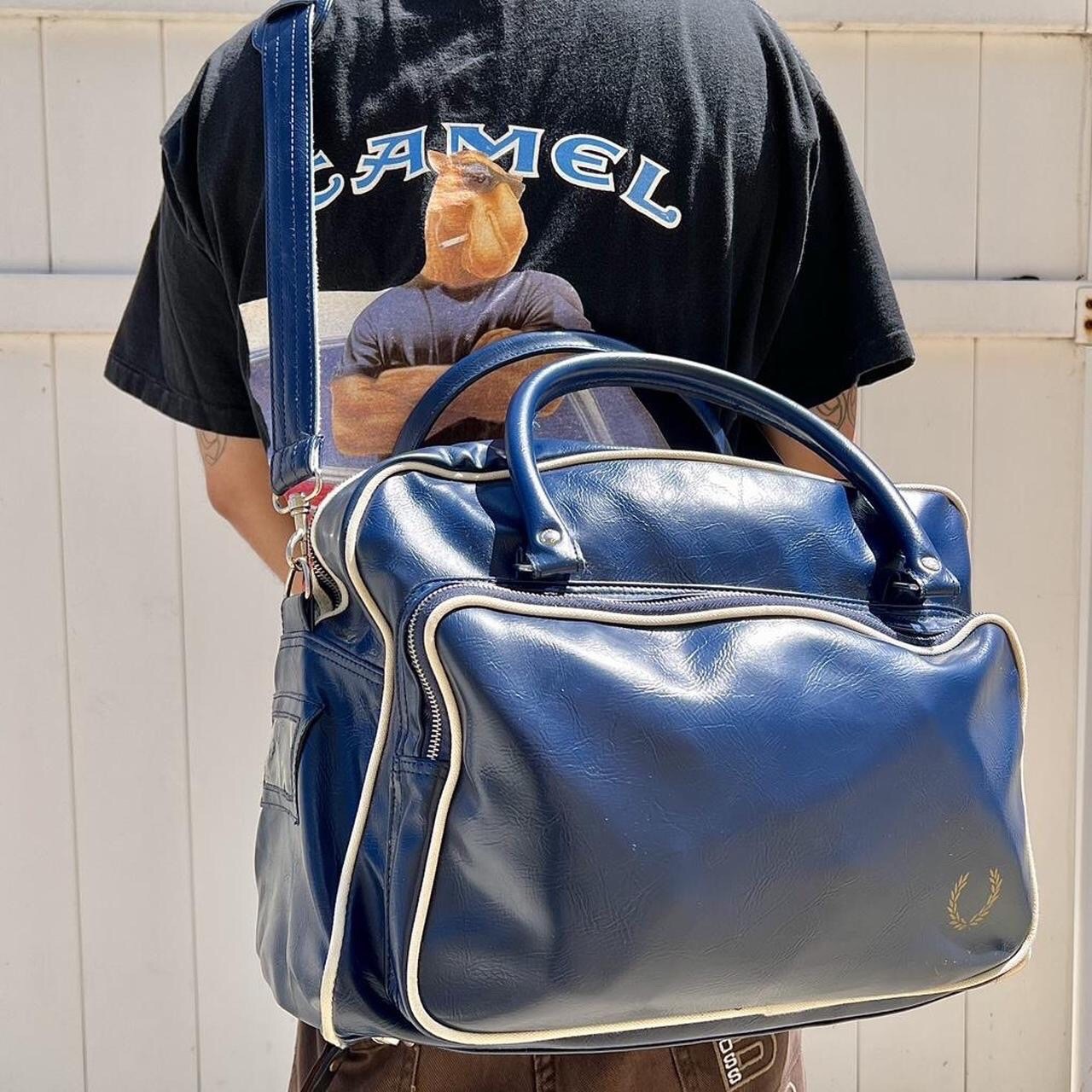 Fred Perry Holdall Leather PVC Blue/White Large Duffle Bag Luggage Carry On Bag