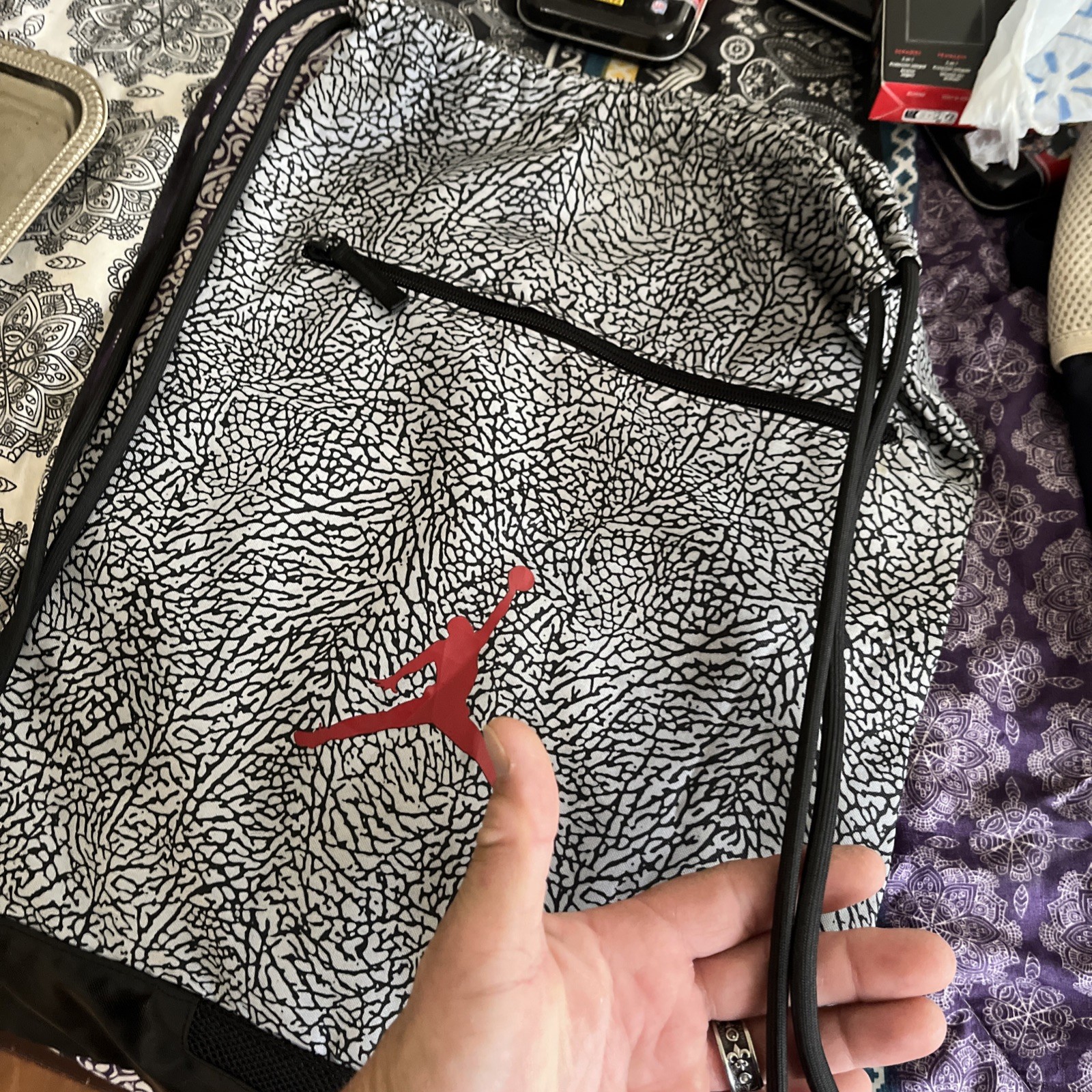 Nike Air Jordan Retro Elephant Cement Drawstring Backpack Black Grey Jumpman