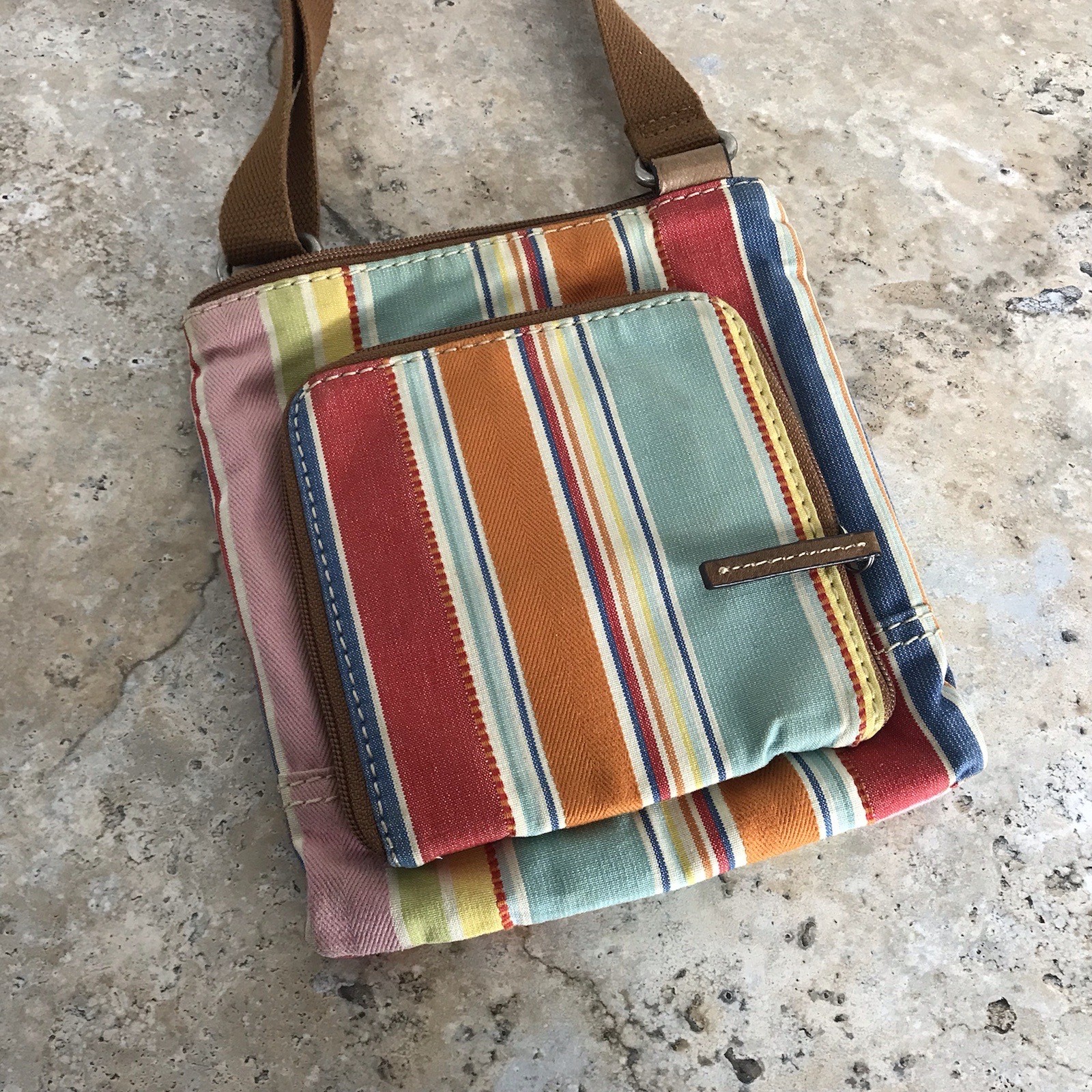 FOSSIL STRIPED CROSSBODY BAG WITH ZIPPER CREDIT CARD HOLDER SECTION ADJUSTABLE