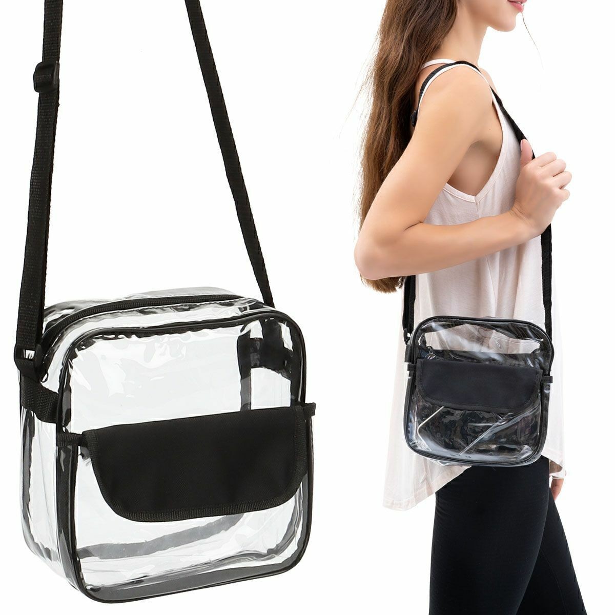 Clear PVC Tote Pack Shoulder Chest Bag Crossbody Handbag Waist Zip Purse Stadium