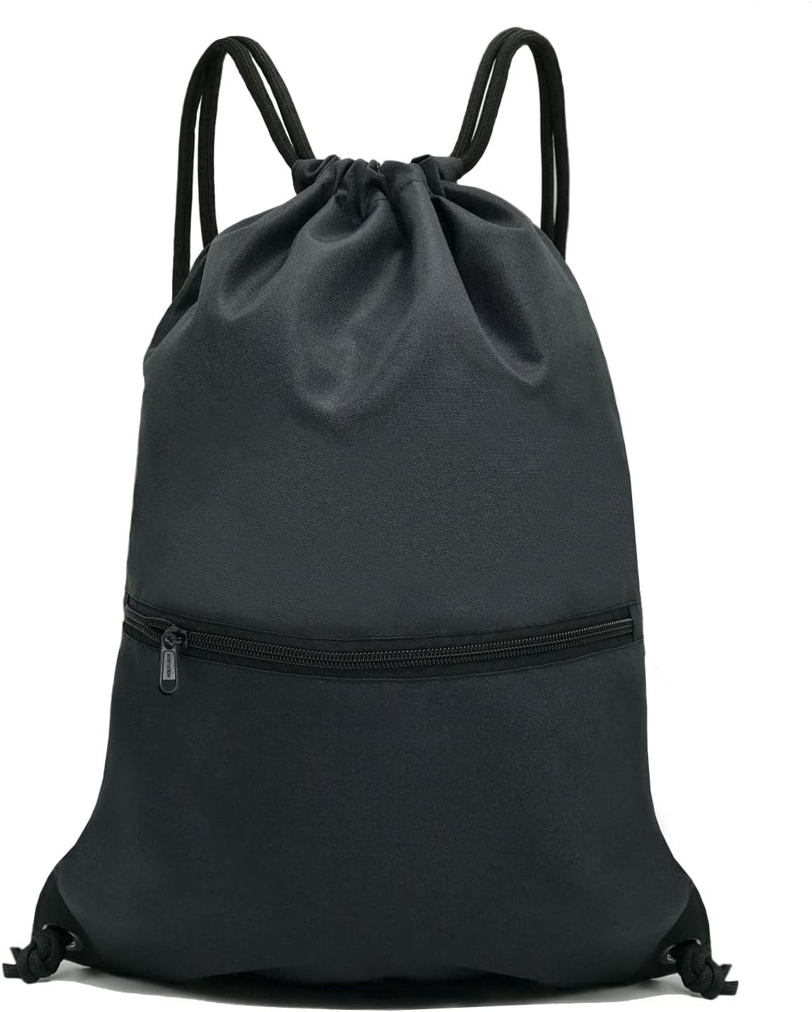 Drawstring Backpack Gym Sports Bag With Zipper Pocket Polyester Sack Ablack New
