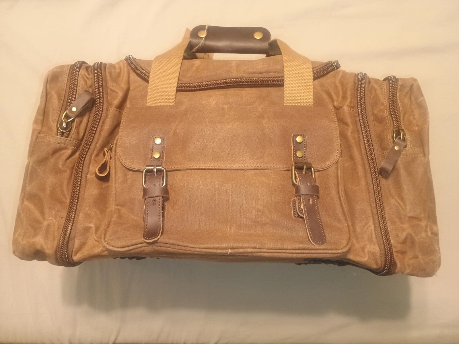 50L Waxed Canvas Duffel Bag, Coffee/ ArmyGreen | Waterproof Travel & Weekend Bag