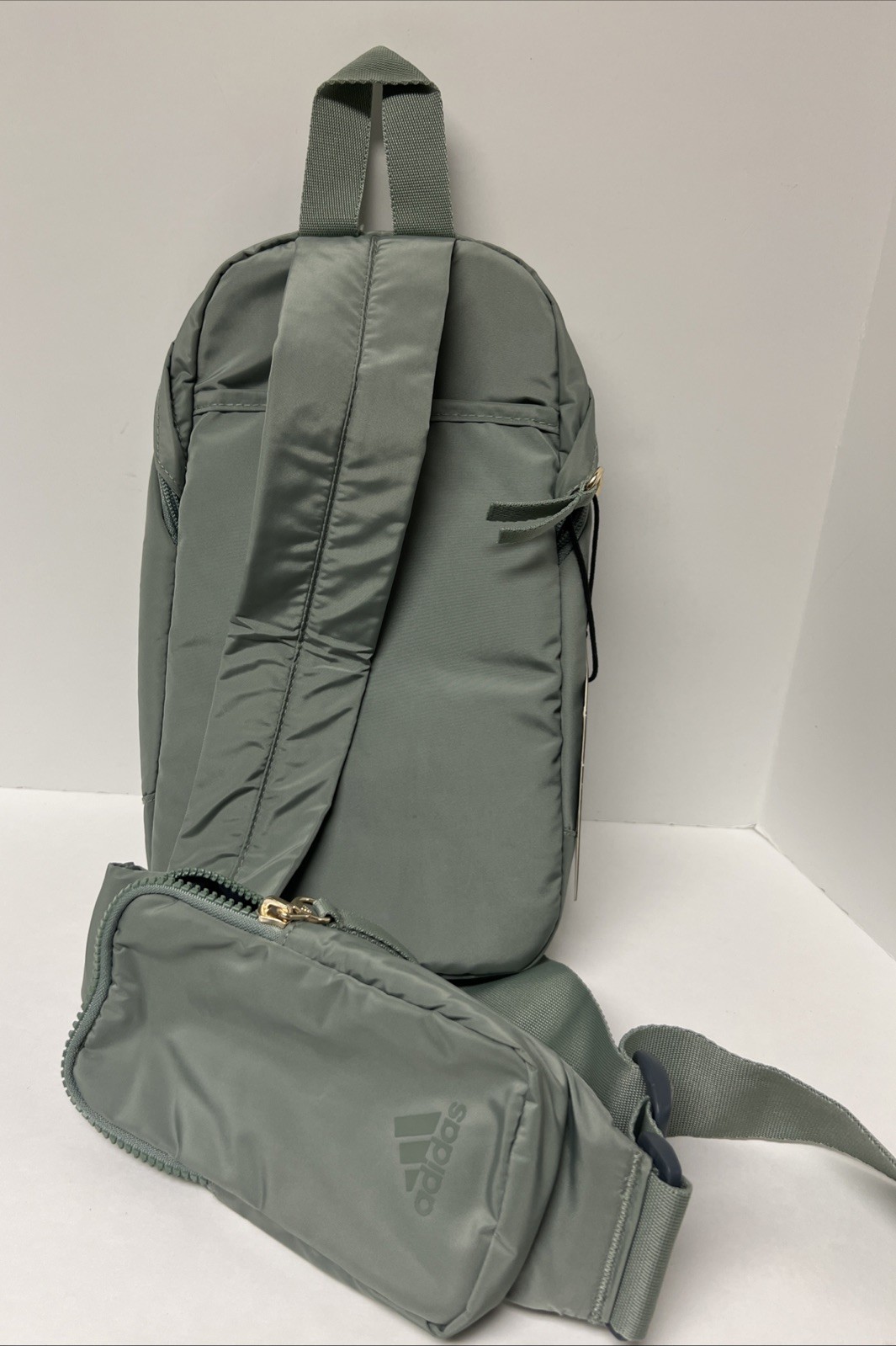 Adidas Essentials 2 Sling Crossbody Silver Green/ Gilver Zippered Pockets W/ Tag
