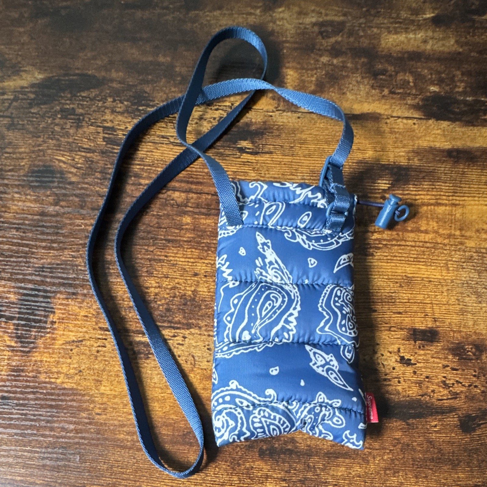 Supreme Blue/White Paisley Small Drawstring Crossbody Pouch, Adjustable Strap