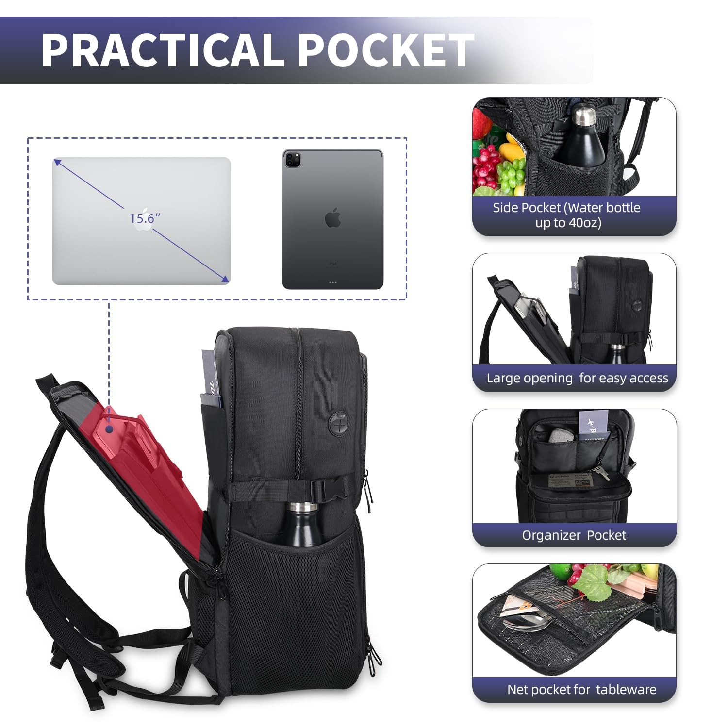Insulated Cooler Lunch Box Laptop Backpack TSA Daypack Commuter Travel 15.6In