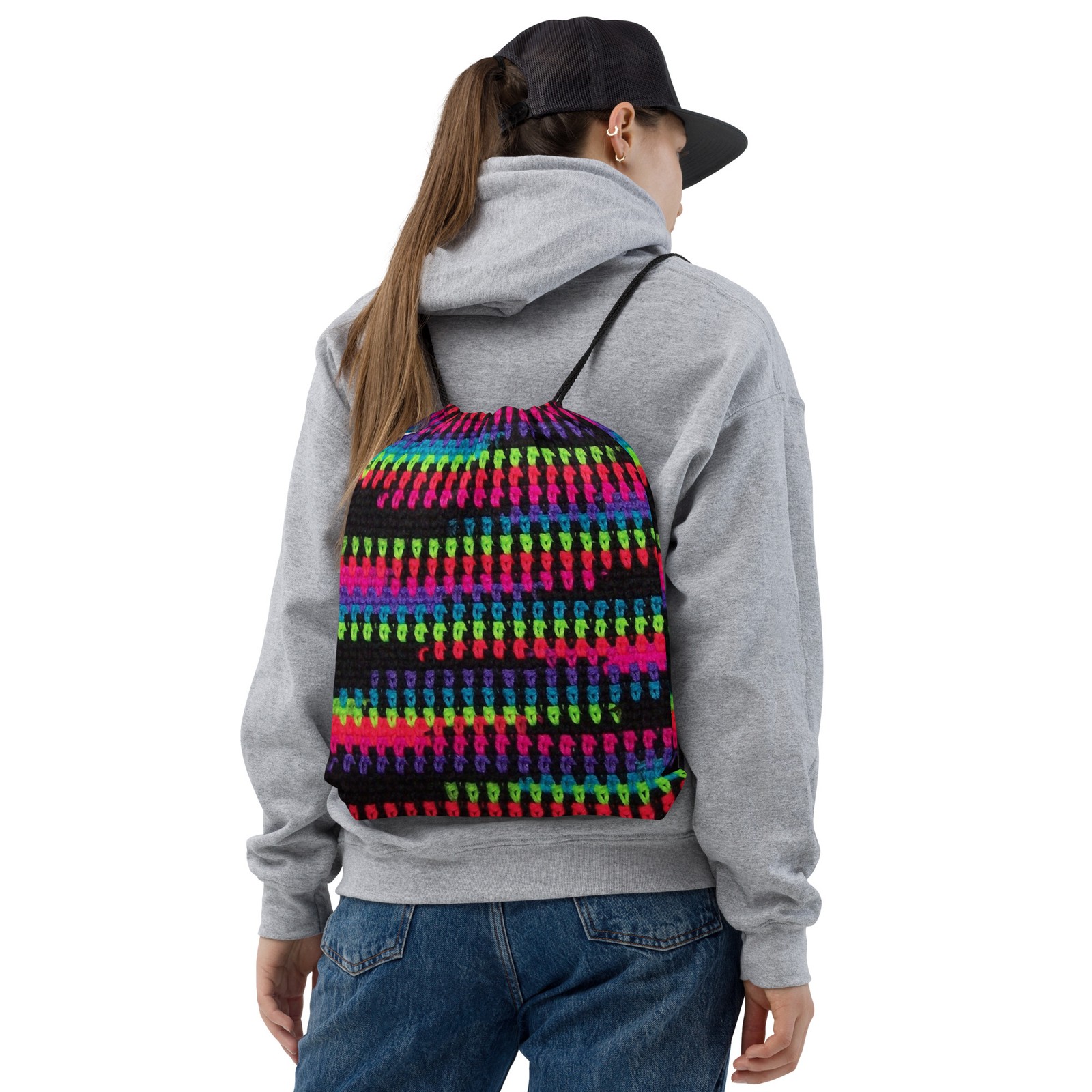 Drawstring Bag Faux Crochet Variegated Yarn Photo Design Unique