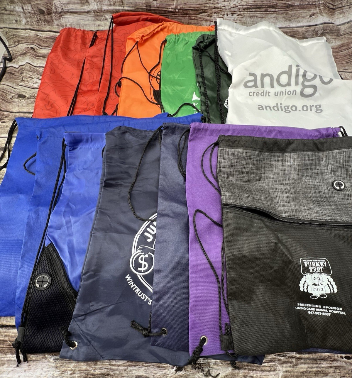 Lot of 14 Unused String Backpacks Rainbow of Colors With Brands, Some Zippered
