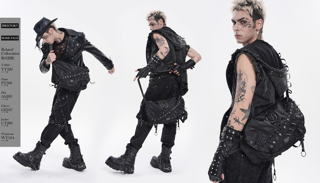 Devil Fashion Men Black Gothic Punk Skull Stud Spiked Shoulder Bag Messenger Bag