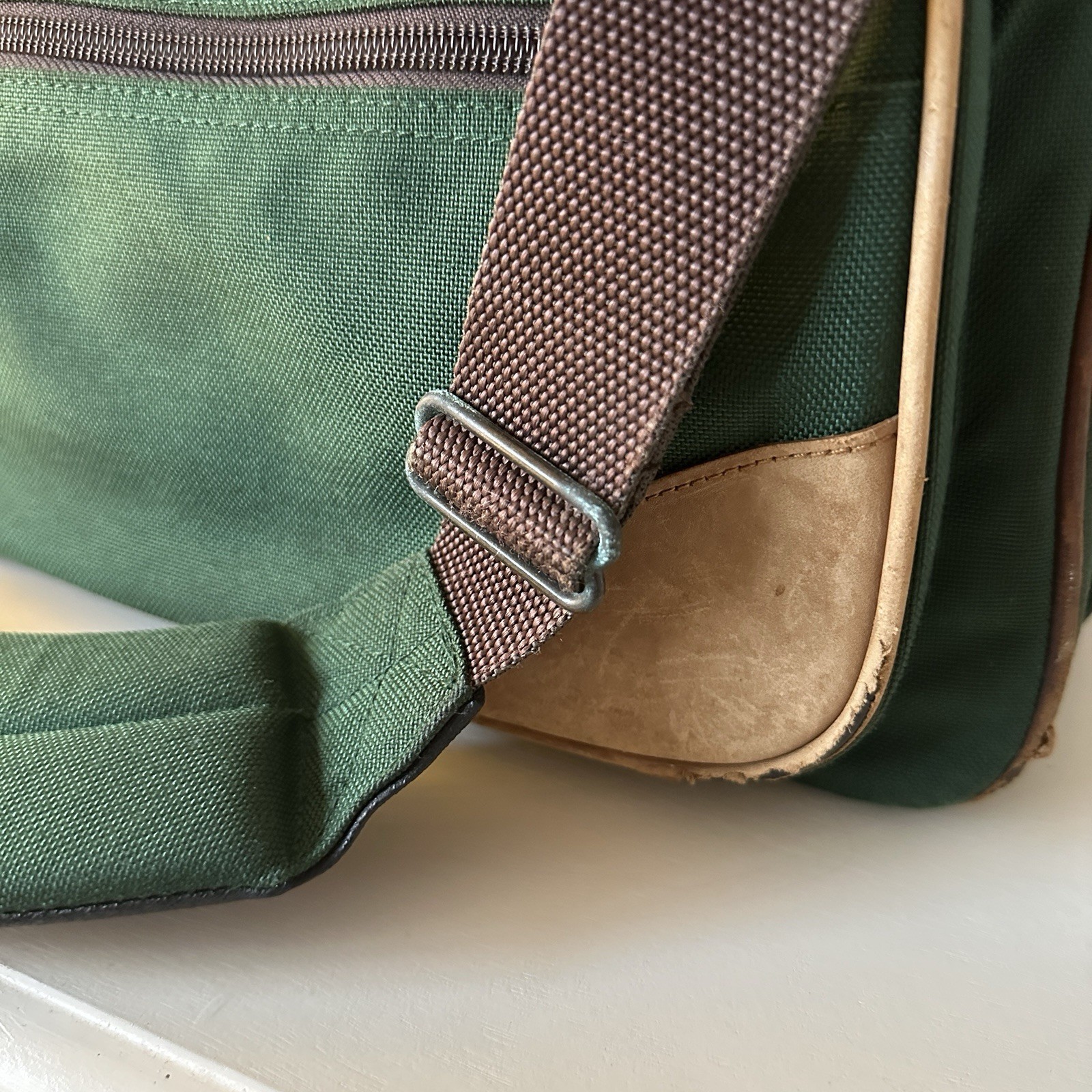 Vintage 90s L.L. Bean Canvas Carry On Bag Green Leather Trim Duffle *FLAW*