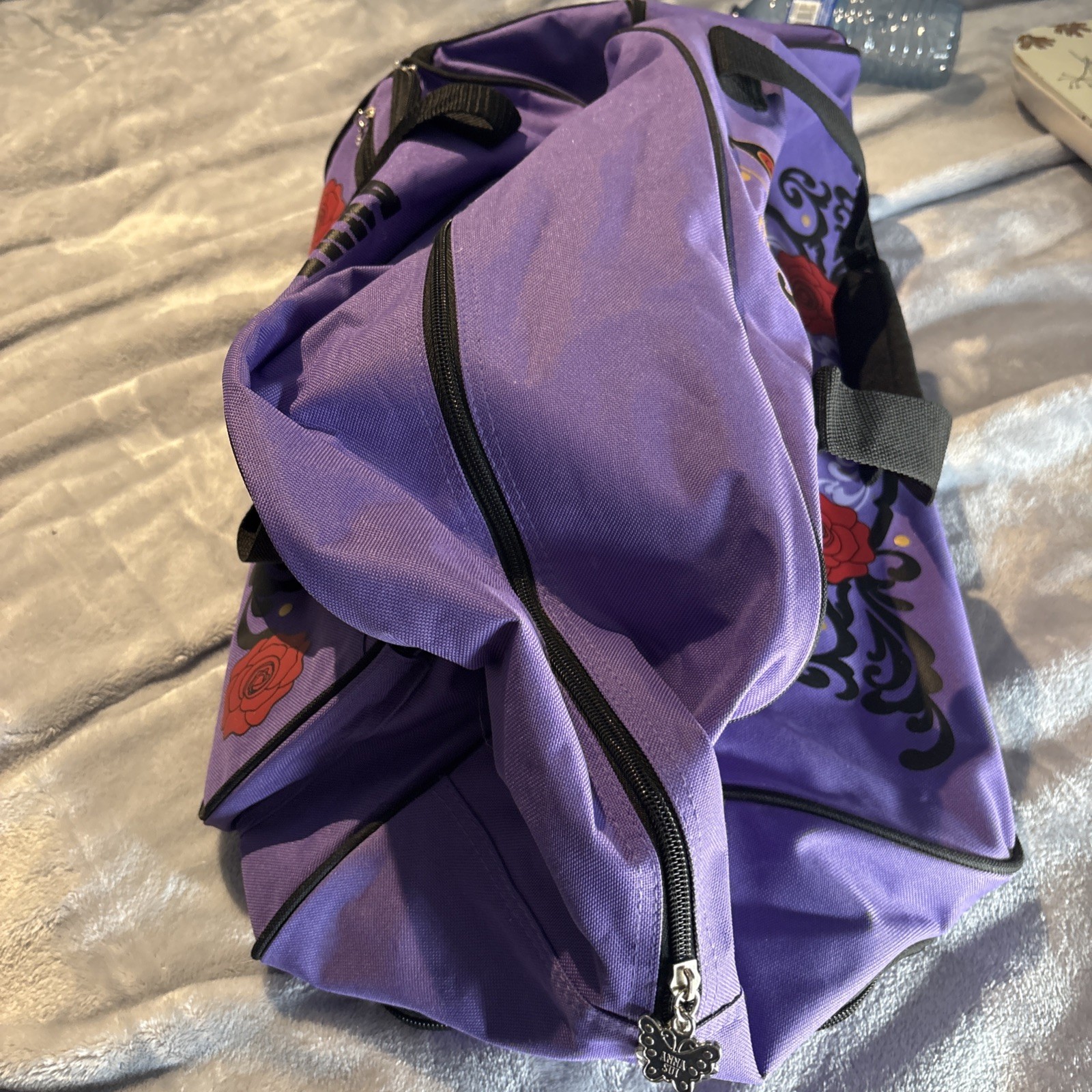 ANNA SUI Roling Luggage Carry On Duffle Bag Purple W Butterfly Red Roses Read