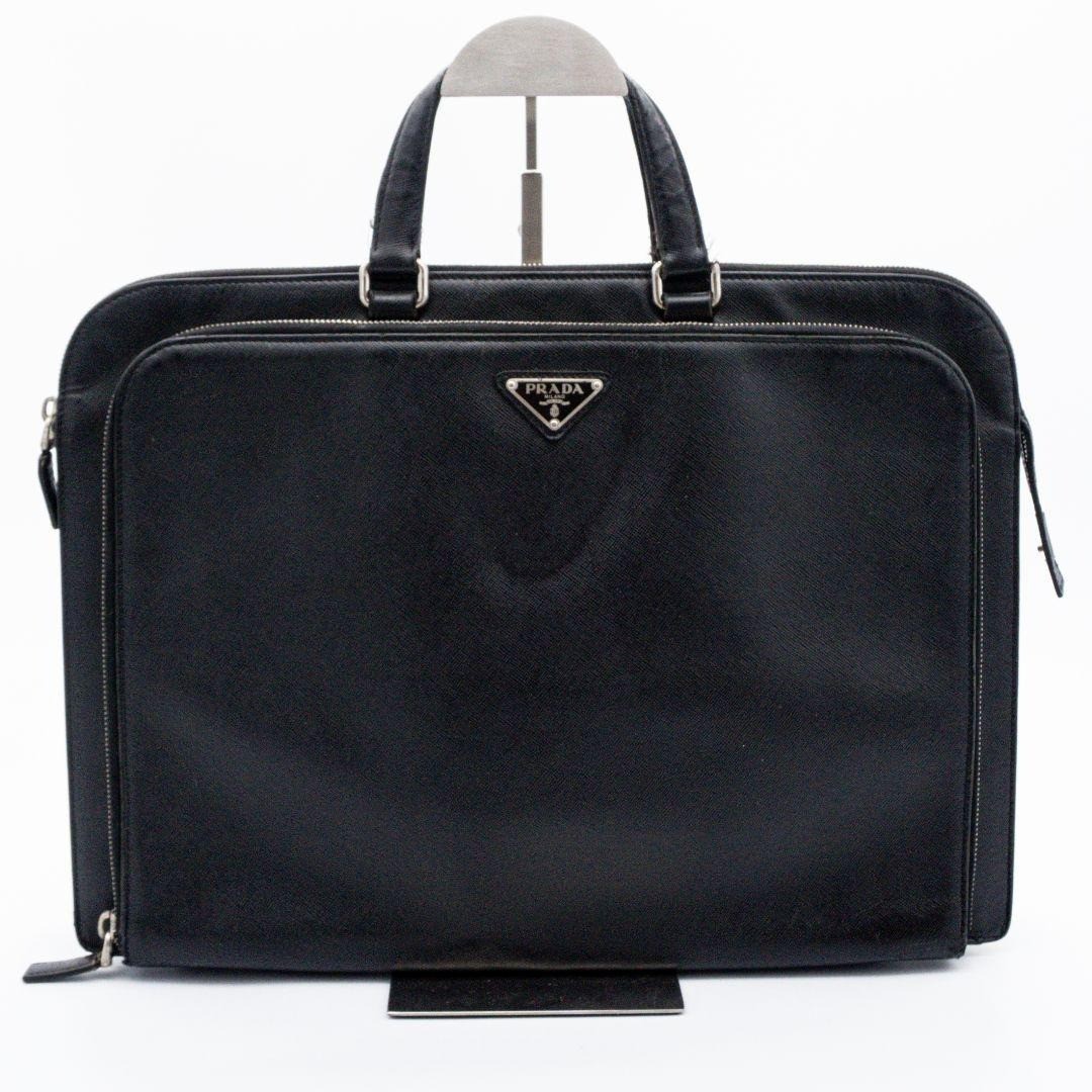 PRADA Saffiano Leather Briefcase Black Business Bag Organizer Silver Hardware