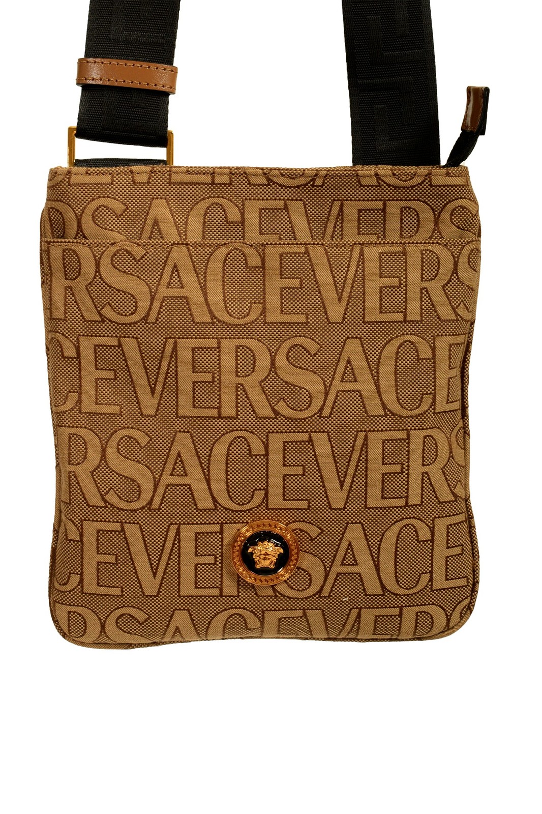 Versace Unisex Gold Medusa Logo Print Canvas Crossbody Shoulder Bag
