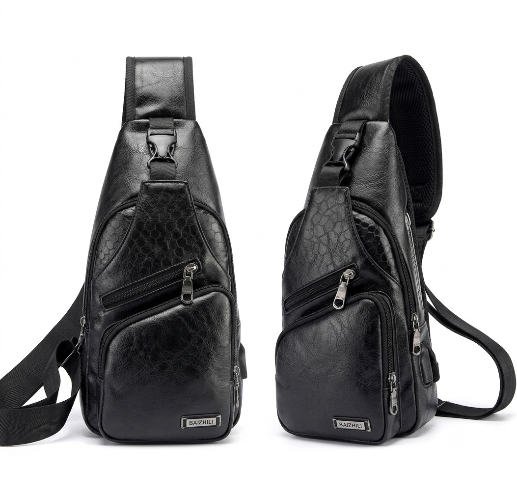 Black Chest Crossbody Bag Sling Backpack for Men with USB Charge Port Hole