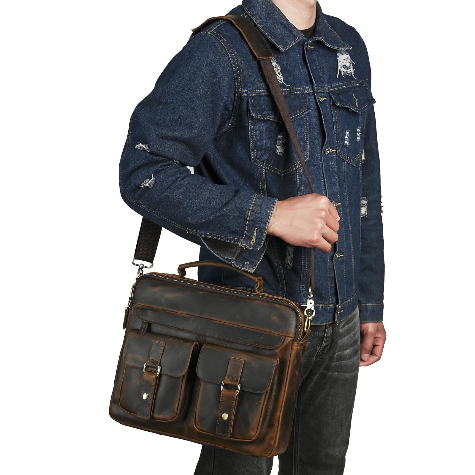 Water Resistant Canvas + Leather Business Attache Tote Briefcase 14″ Laptop O…