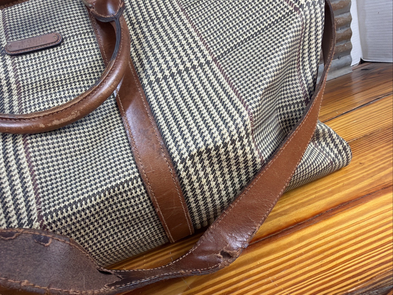 Polo Ralph Lauren Houndstooth Duffel Weekender Travel Bag Vintage Leather/Canvas