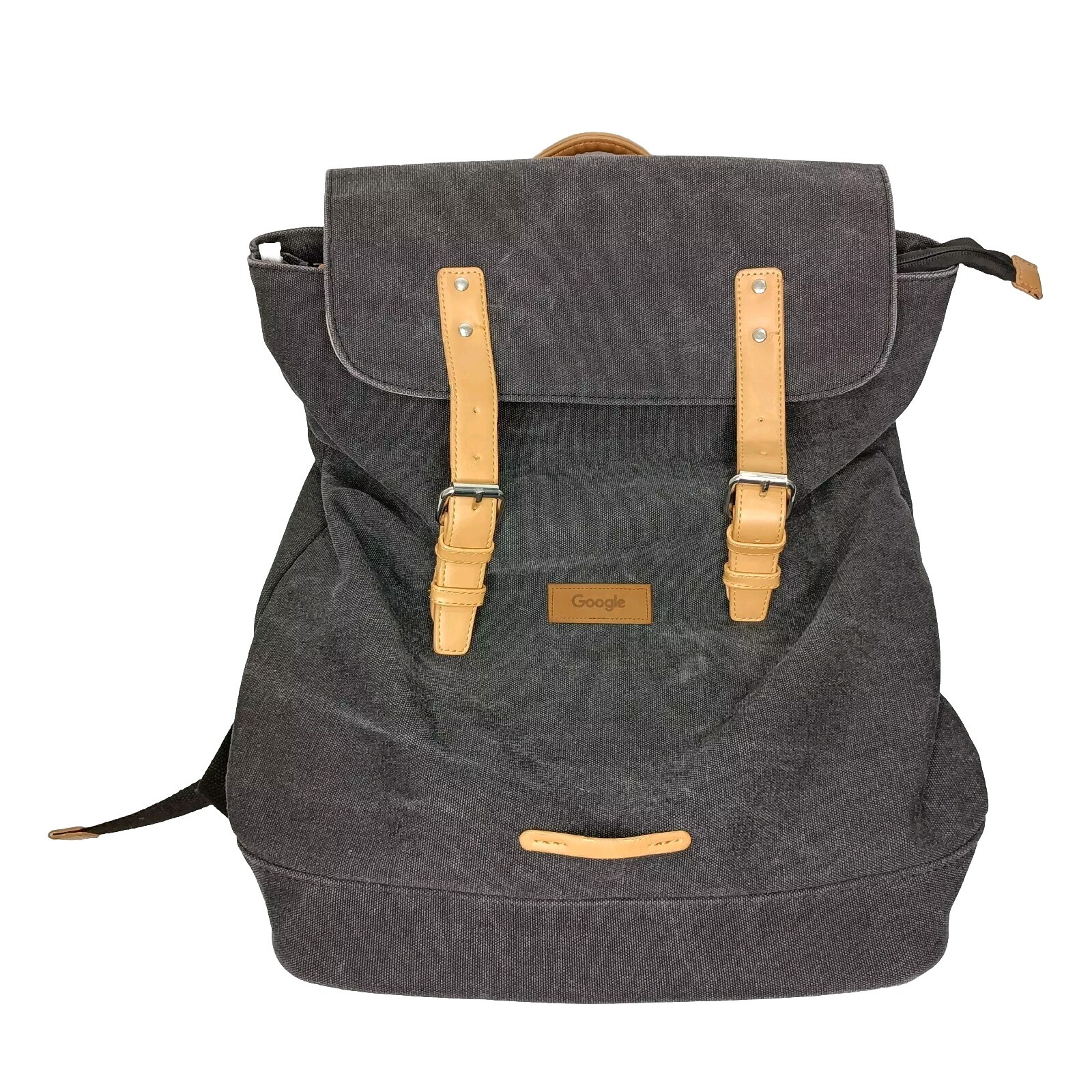 Google Backpack Bag Padded Laptop Grey Canvas Magnetic Snap Button Zip Flawed