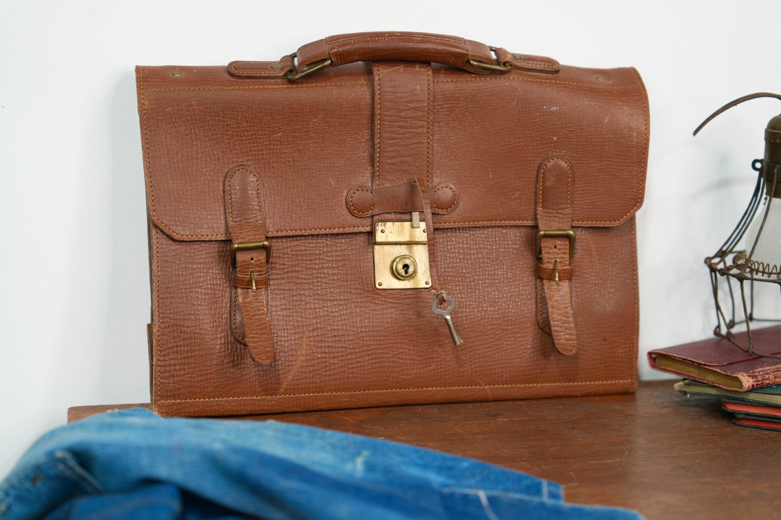 VTG Brown Leather Attache Briefcase Portfolio Document Bag w/ key 1940s Japan