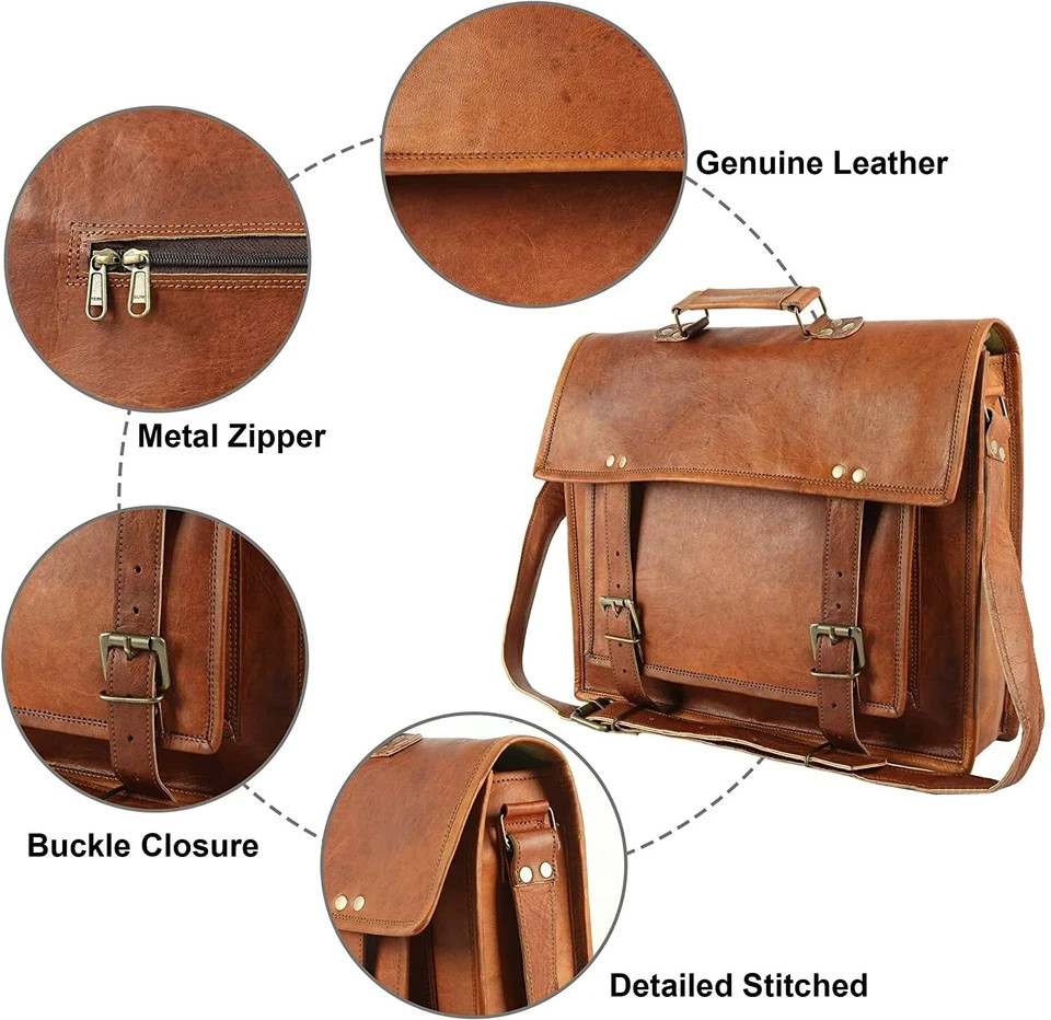 18″ Men Goat Leather Inside 18″ Laptop Messenger Vintage Genuine Shoulder 4 Size