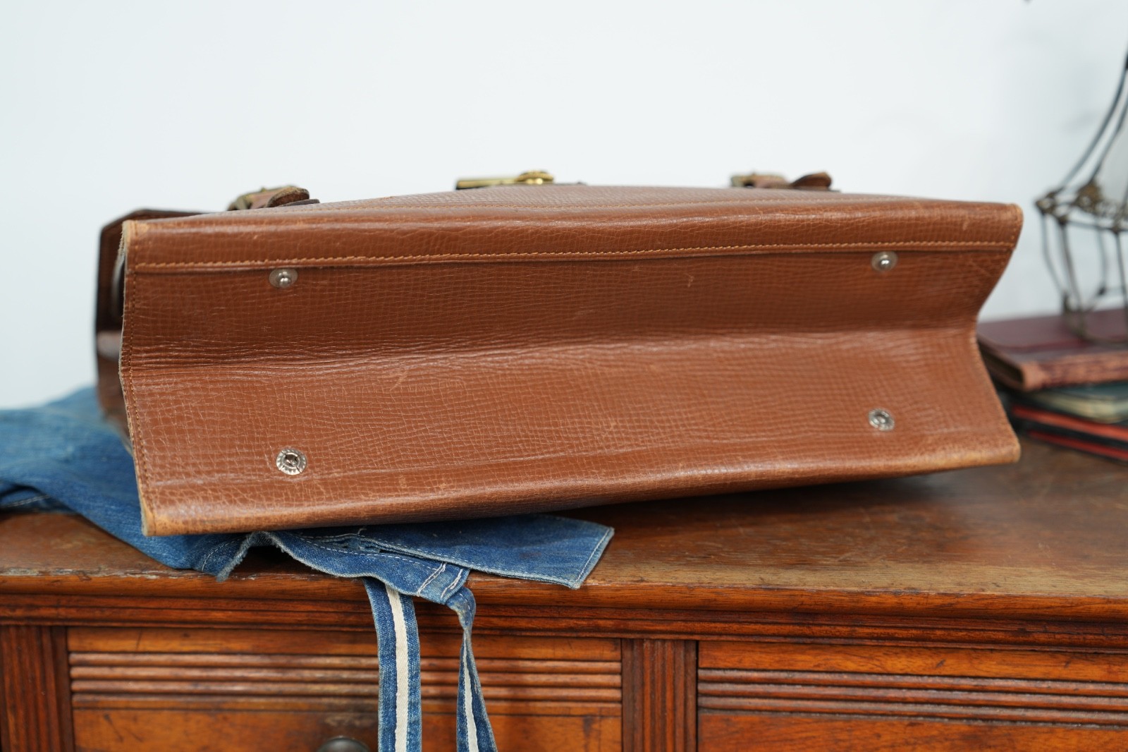 VTG Brown Leather Attache Briefcase Portfolio Document Bag w/ key 1940s Japan