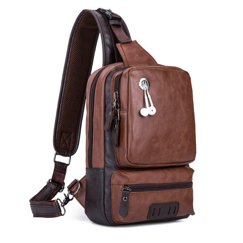Men’s Sling Backpack PU Leather Large Capacity Cross Body Bag Chest Shoulder Bag