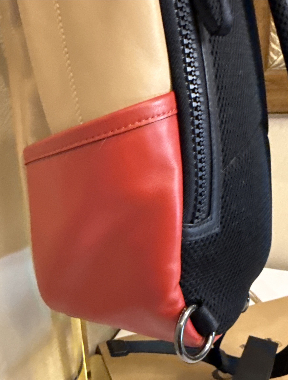 Coach Leather Racer Sling Pack – Unique Tan/Red/White ColorBlock Edition ~MC~