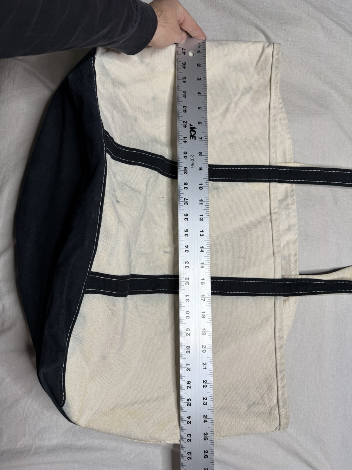 LL Bean Boat And Tote Large Bag 25” Ivory Canvas Black Trim Open Top Made In USA