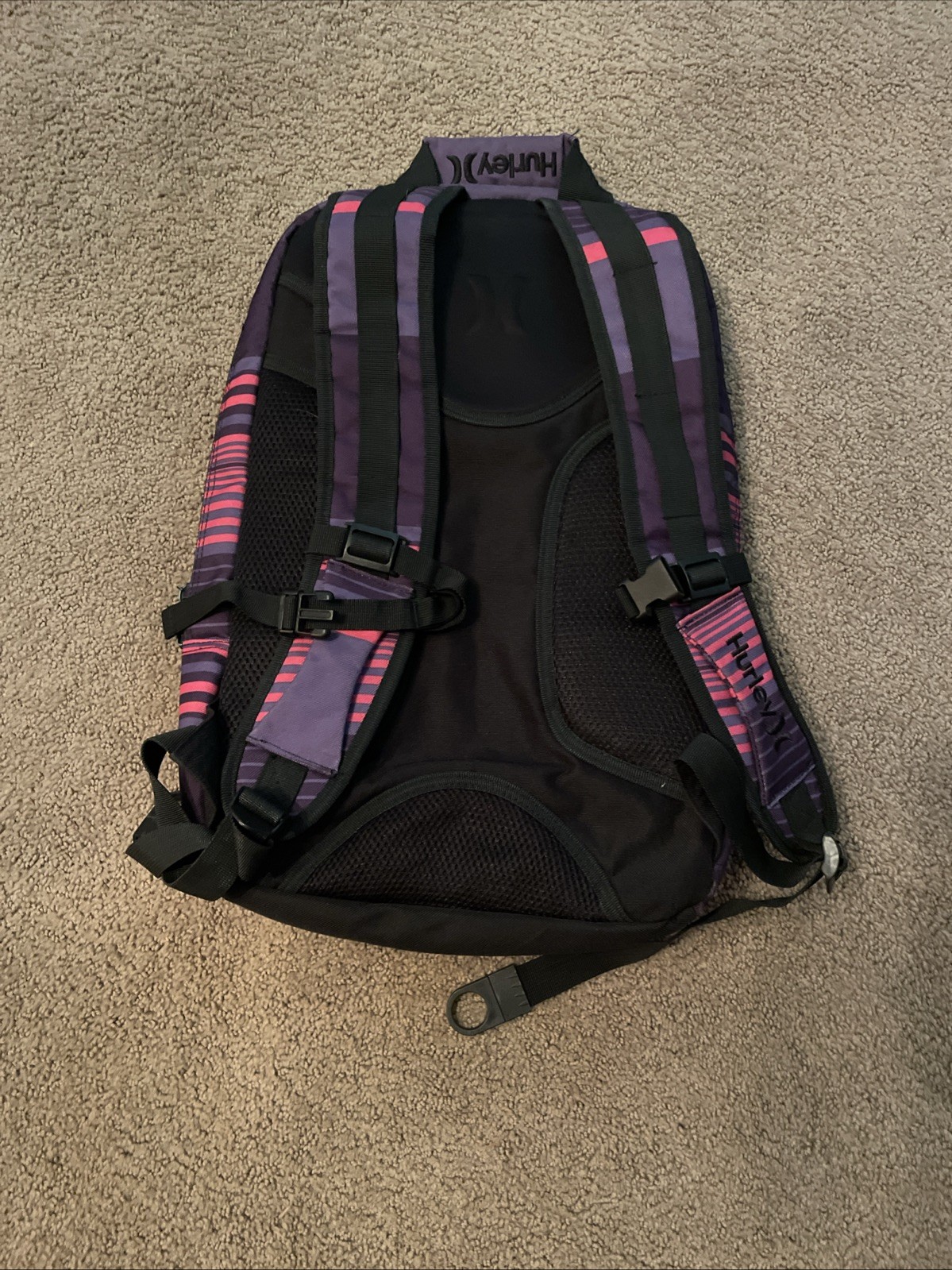 Hurley Purple Pink Striped Design Tech Laptop Backpack Bookbag