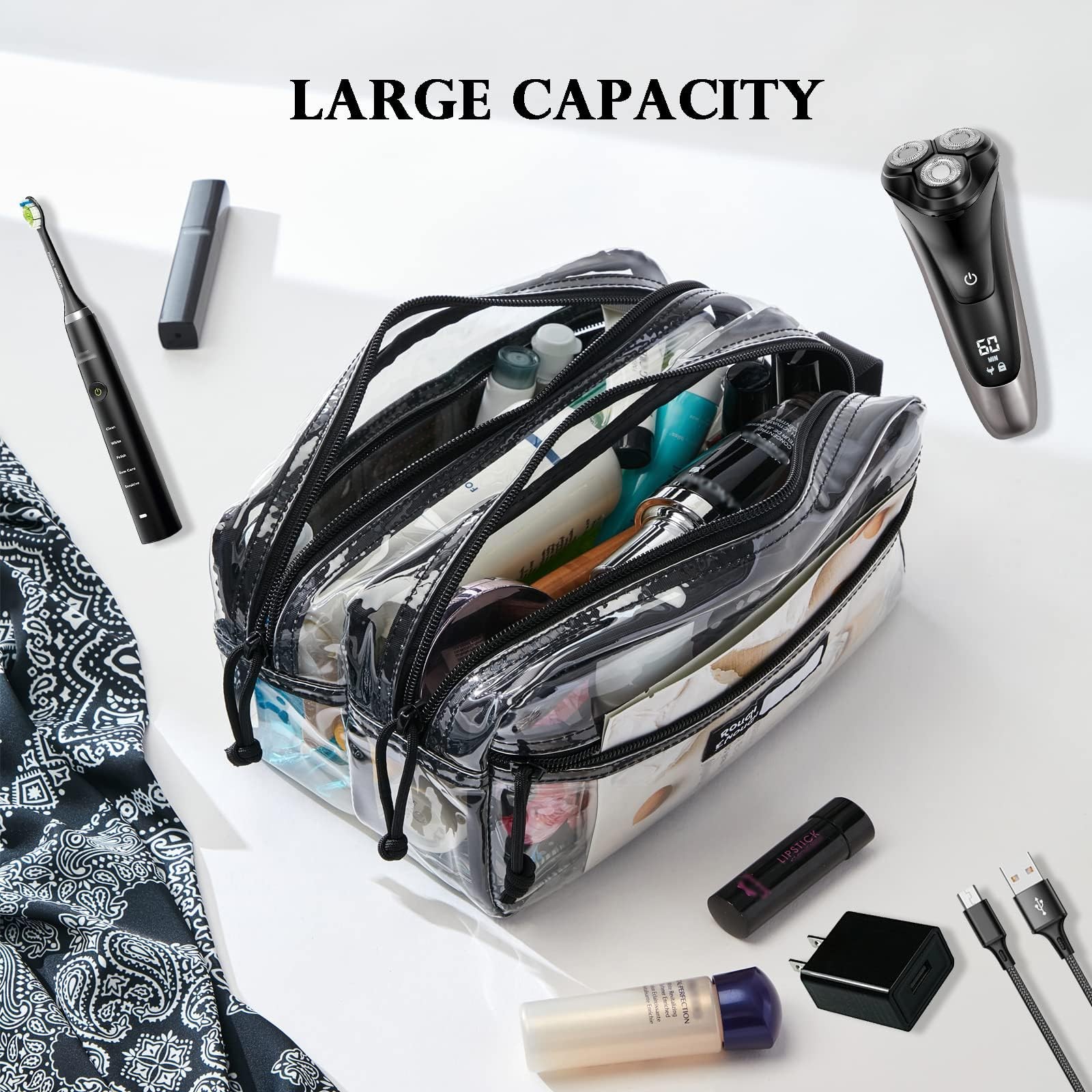 Rough Enough Clear Travel Toiletry Bag for Men Women 9.5 x 5 x 5 inch, Black