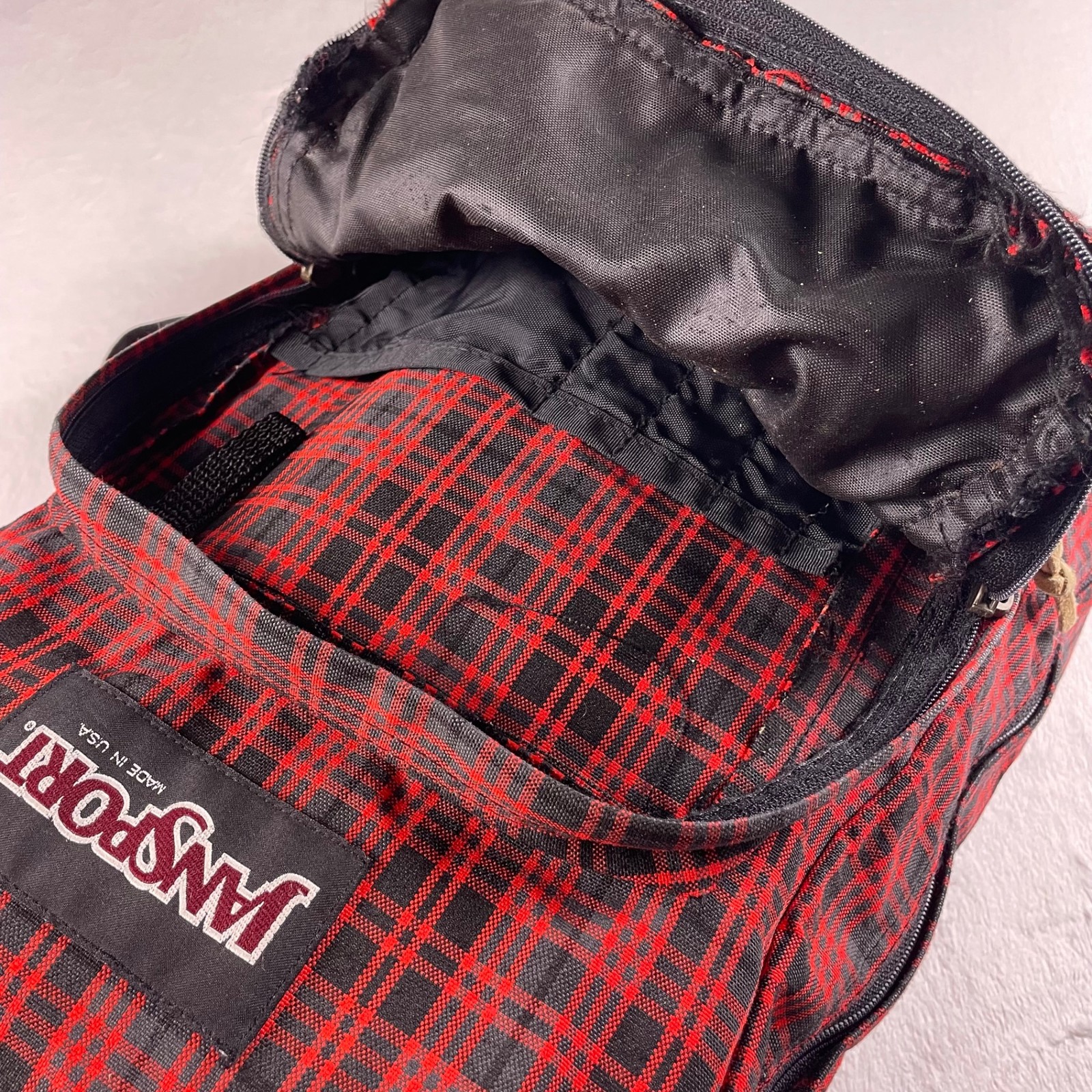 Vtg JanSport Backpack Red Black Plaid Made USA Leather Bottom School Bag