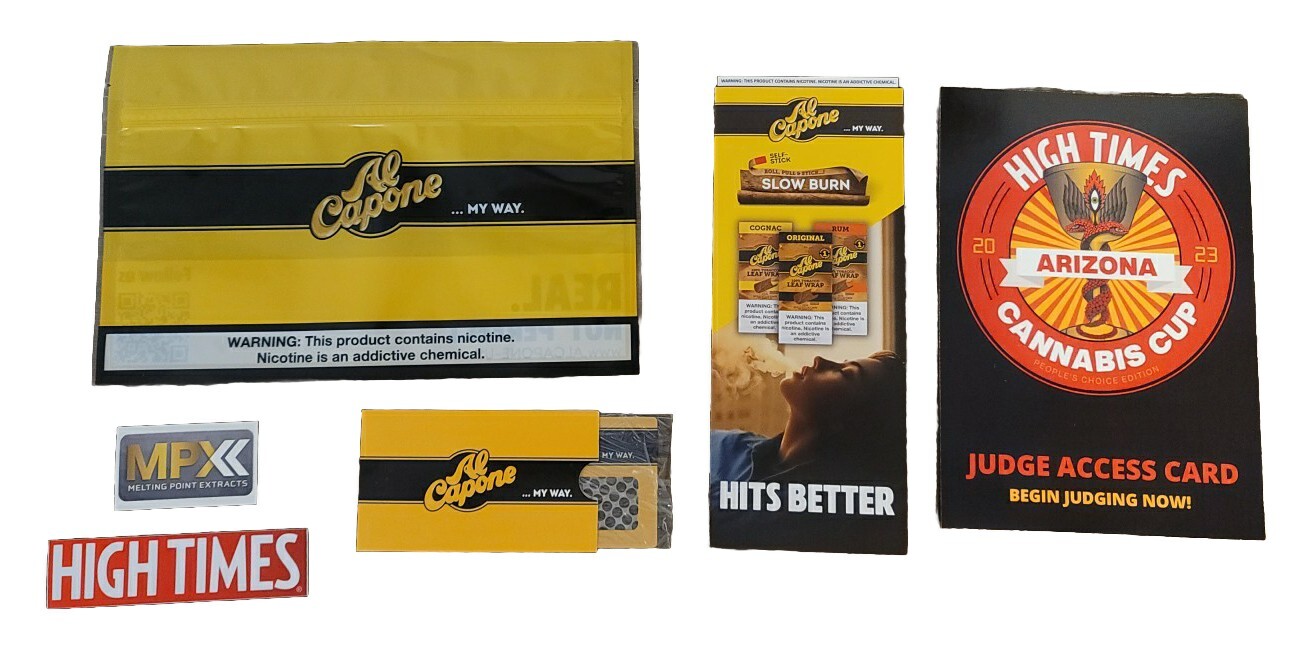 High Times Arizona 2023 Cannabis Cup Black Judges Tote Bag With Swag & Stickers.